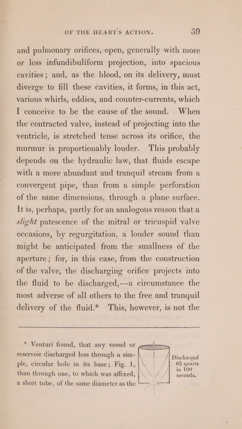 and pulmonary orifices, open, generally with more or less infundibuliform projection, into spacious cavities; and, as the blood, on its delivery, must diverge to fill these cavities, it forms, in this act, various whirls, eddies, and counter-currents, which I conceive to be the cause of the sound. When the contracted valve, instead of projecting into the ventricle, is stretched tense across its orifice, the murmur is proportionably louder. This probably depends on the hydraulic law, that fluids escape with a more abundant and tranquil stream from a convergent pipe, than from a simple perforation of the same dimensions, through a plane surface. It is, perhaps, partly for an analogous reason that a shght patescence of the mitral or tricuspid valve occasions, by regurgitation, a louder sound than might be anticipated from the smallness of the aperture; for, in this case, from the construction of the valve, the discharging orifice projects into the fluid to be discharged,-—a circumstance the most adverse of all others to the free and tranquil delivery of the fluid.* This, however, is not the * Venturi found, that any vessel or aS reservoir discharged less through a sim- |, Eh eet \ / } o ple, circular hole in its base; Fig. 1, | \ ee bats ai . \, ss ; af 7 In than through one, to which was affixed, |*. \\ “| seconds. a short tube, of the same diameter as the ——~.is