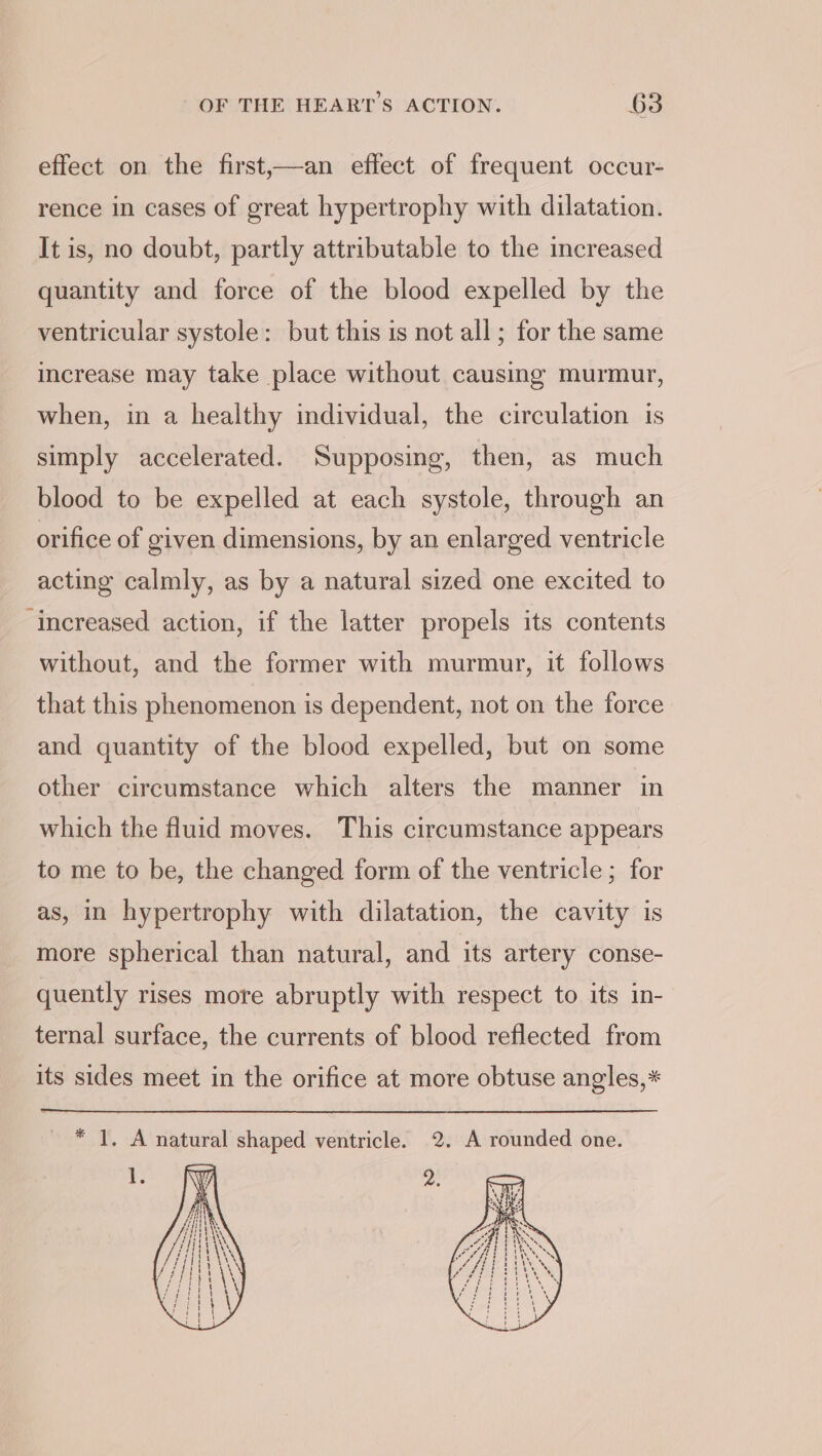 effect on the first,—an effect of frequent occur- rence in cases of great hypertrophy with dilatation. It is, no doubt, partly attributable to the increased quantity and force of the blood expelled by the ventricular systole: but this is not all; for the same increase may take place without causing murmur, when, in a healthy individual, the circulation is simply accelerated. Supposing, then, as much blood to be expelled at each systole, through an orifice of given dimensions, by an enlarged ventricle acting calmly, as by a natural sized one excited to ‘increased action, if the latter propels its contents without, and the former with murmur, it follows that this phenomenon is dependent, not on the force and quantity of the blood expelled, but on some other circumstance which alters the manner in which the fluid moves. This circumstance appears to me to be, the changed form of the ventricle ; for as, in hypertrophy with dilatation, the cavity is more spherical than natural, and its artery conse- quently rises more abruptly with respect to its in- ternal surface, the currents of blood reflected from its sides meet in the orifice at more obtuse angles,* * 1. A natural shaped ventricle. 2. A rounded one.