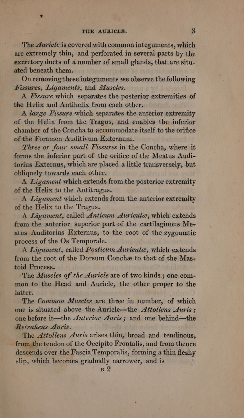 The duricle is covered with common integuments, which are extremely thin, and perforated in several parts by the excretory ducts of anumber of small glands, that are situ- ated beneath them. On removing these integuments we observe the following Fissures, Ligaments, and Muscles. A Fissure which separates the posterior extremities of the Helix and Antihelix from each other. A large Fissure which separates the anterior extremity of the Helix from the Tragus, and enables the inferior chamber of the Concha toe accommedate itself to the orifice | of the Foramen Auditivum Externum. Three or four small Fissures in the Concha, where it forms the inferior part of the orifice of the Meatus Audi- torius Externus, which are placed a little transversely, but obliquely towards each other. A Ligament which extends from the posterior extremity of the Helix to the Antitragus, A Ligament which extends from the anterior extremity of the Helix to the Tragus. A Ligament, called Anticum Auricule, which extends from the auterior superior part of the cartilaginous Me- atus Auditorius Externus, to the root of the zygomatic process of the Os Temporale. A Ligament, called Posticum Auricule, which extends from the root of the Dorsum Conche to that of the Mas- toid Process. ~The Muscles of the Auricle are of two kinds ; one com- mon to the Head and Auricle, the other proper to the latter. The Common Muscles are three in number, of which one is situated above the Auricle—the ttollens Auris ; one before it—the Anterior Auris ; and one behind—the Retrahens Auris. 1 The Attollens Auris arises thin, broad and tendinous, from the tendon of the Occipito Frontalis, and from thence descends over the Fascia Temporalis, forming a thin fleshy slip, which becomes gradually narrower, and is B2
