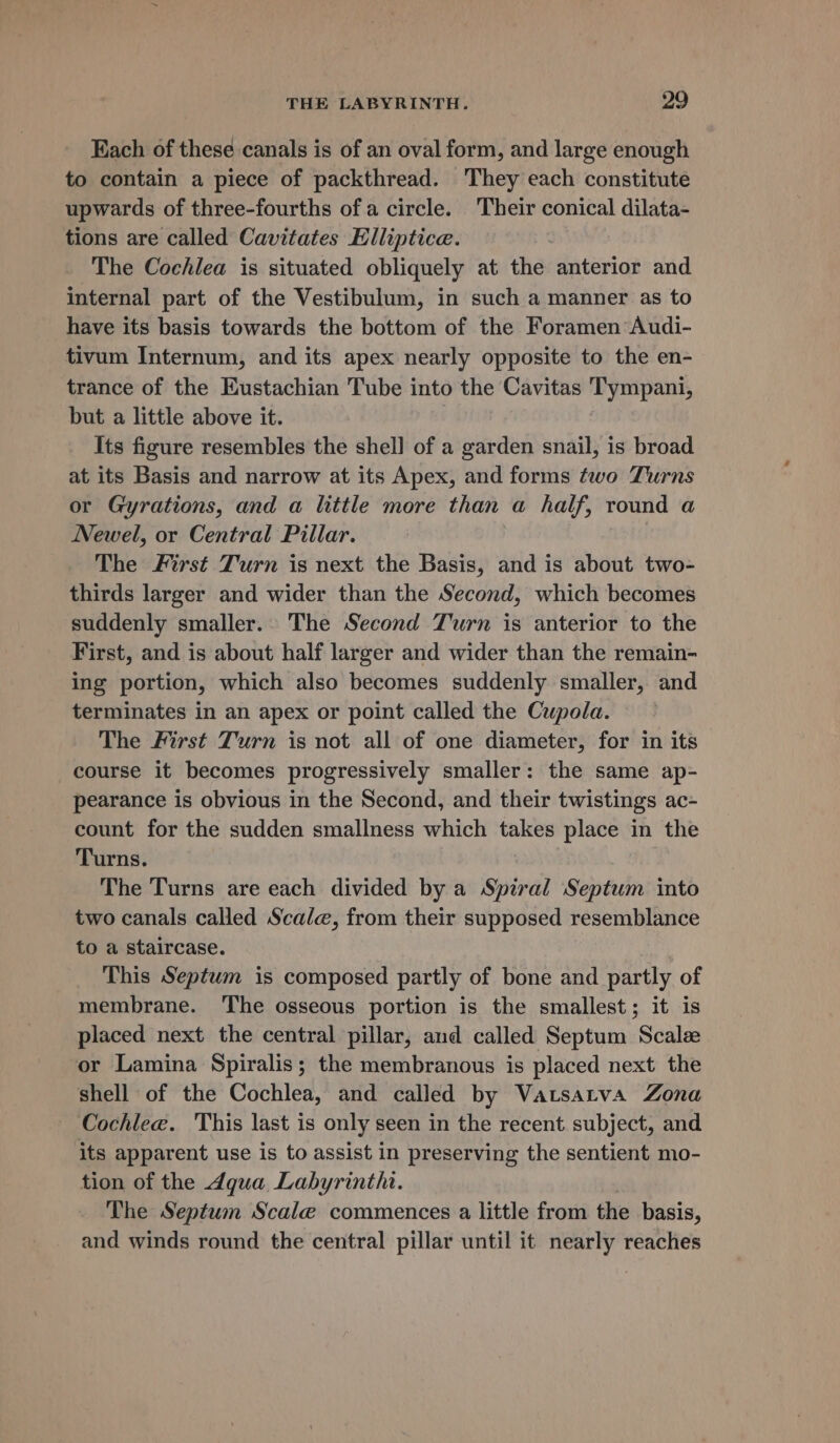 Each of these canals is of an oval form, and large enough to contain a piece of packthread. They each constitute upwards of three-fourths of a circle. Their conical dilata- tions are called Cavitates Elliptice. The Cochlea is situated obliquely at the anterior and internal part of the Vestibulum, in such a manner as to have its basis towards the bottom of the Foramen Audi- tivum Internum, and its apex nearly opposite to the en- trance of the Eustachian Tube into the Cavitas Tympani, but a little above it. Its figure resembles the shel] of a garden snail, is broad at its Basis and narrow at its Apex, and forms two Turns or Gyrations, and a little more than a half, round a Newel, or Central Pillar. The First Turn is next the Basis, and is about two- thirds larger and wider than the Second, which becomes suddenly smaller. The Second Turn is anterior to the First, and is about half larger and wider than the remain- ing portion, which also becomes suddenly smaller, and terminates in an apex or point called the Cupola. The First Turn is not all of one diameter, for in its course it becomes progressively smaller: the same ap- pearance is obvious in the Second, and their twistings ac- count for the sudden smallness which takes place in the Turns. The Turns are each divided by a Spiral Septum into two canals called Scale, from their supposed resemblance to a staircase. This Septum is composed partly of bone and partly of membrane. ‘The osseous portion is the smallest; it is placed next the central pillar, and called Septum Scales or Lamina Spiralis; the membranous is placed next the shell of the Cochlea, and called by Vatsatva Zona ~ Cochlee. 'This last is only seen in the recent subject, and its apparent use is to assist in preserving the sentient mo- tion of the dqua Labyrinth. The Septum Scale commences a little from the basis, and winds round the central pillar until it nearly reaches