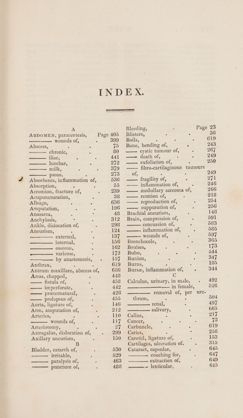 INDEX. A Bleeding, . Page 23 ABDOMEN, paracentesis, Page 405 Blisters, ° . 36 wounds of, ; 399 ~— Boils, A : 619 Abscess, ; . 75 Bone, bending of, ° 243 chronic, : 80 -—— cystic tumour of, 5 267 iliac, , s 441 —— death of, A A 249 ——. lumbar, ‘ 272 —— exfoliation of, ‘ 250 milk, : ‘ 379 fibro-cartilaginous tumours psoas, 273 of, ‘ : 249 Absorbents, inflammation of, 536 —— fragility of, , 271 Absorption, ; 55 —— inflammation of, ° 246 Acromion, fracture of, ; 239 —— medullary sarcoma of, 266 Acupuncturation, , 38 —— reunion of, ‘ 218 Albugo, ‘ ‘ 636 —— reproduction of, ; 254 Amputation, : é 196 —— suppuration of, : 256 Anasarca, ‘ : 48 Brachial aneurism, 4 348 Anchylosis, ; ‘ 312 Brain, compression of, ° 591 Ankle, dislocation of, ‘ 298 — concussion of, : 583 Aneurism, ‘ : 124 —— inflammation of, : 585 external, ; 137 — wounds of, : 597 ——-——. internal, ; 156 Bronchocele, ; : 365 ———— osseous, A 162 Bruises, ’ 3 173 ——— varicose, ‘ 172 + Bubo, 5 : : 544 —— by anastomosis, . 157 Bunion, ‘ ; 347 Anthrax, 619 Burns, : 185 Antrum maxillare, abscess of, 686 Burse, inflammation of, ° 344 Anus, chapped, : 448 fistula of, ; 458 Calculus, urinary, in male, . 492 — imperforate, : 442 ee —-— in female, 526 —— preternatural, . 428 —— removal of, per ure- prolapsus of, ‘ 455 thram, é : 504 Aorta, ligature of, ' lH6) oo renal, 3 497 Arm, amputation of, . 212 salivary, . 669 Arteries, ; ; 110 Callus, ‘ ° 217 wounds of, : 1)7 Cancer, : z : 72 Arteriotomy, ; 27 Carbuncle, ‘ : 619 Astragalus, didhsention of, - 299 - Caries, 4 ‘ 258 Axillary aneurism, : 150 Carotid, ligature of, ‘ 153 B Cartilages, ulceration of, , 315 Bladder, catarrh of, : 530 Cataract, capsular, - 645 irritable, ‘ 529 - couching for, : 647 paralysis of, - 463 — extraction of, 649 puncture of, : 488 ——- lenticular, F 645