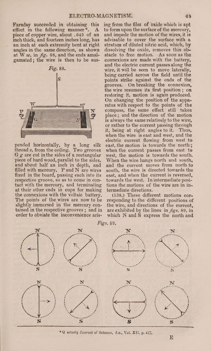 Faraday succéeded in obtaining this effect im the following manner*. A piece of copper wire, about .045 of an inch thick, and fourteen inches long, has an inch at each extremity bent at right angles in the same direction, as shown at W w, in fig. 88, and the ends amal- gamated; the wire is then to be sus- Fig. 88. pended horizontally, by a long silk thread s, from the ceiling. Two grooves G g are cut inthe sides of a rectangular piece of hard wood, parallel to the sides, and about half an inch in depth, and filled with mercury. Pand WN are wires fixed in the board, passing each into its respective groove, so as to come in con- tact with the mercury, and terminating at their other ends in cups for making the connexions with the voltaic battery. The points of the wires are now to be slightly immersed in the mercury con- tained in the respective grooves ; and in order to obviate the inconvenience aris- 49 to form upon the surface of the mercury, and impede the motion of the wires, it is advisable to cover the surface with a stratum of diluted nitric acid, which, by dissolving the oxide, removes this ob-~ stacle to free motion. As soon as the connexions are made with the battery, and the electric current passes along the wire, it will be seen to move laterally, being carried across the field until the points strike against the ends of the grooves. On breaking the connexion, the wire resumes its first position; on restoring it, motion is again produced. On changing the position of the appa- ratus with respect to the points of the compass, the same effect still takes place; and the direction of the motion is always the same relatively to the wire, or rather to the current passing through it, being at right angles to it. Thus, when the wire is east and west, and the electric current flowing from west to east, the motion is towards the north; when the current passes from east to west, the motion is towards the south. When the wire hangs north and south, and the current moves from north to south, the wire is directed towards the east, and when the current is reversed, towards the west. In intermediate posi- tions the motions of the wire are in in- termediate directions. (138.) These different motions cor- responding to the different positions of the wire, and directions of the current, are exhibited by the lines in jigs. 89, in which N andS express the north and Pee, guerr we N N 6S Ee ed ee ee Pe Latte Sse e° %, Pho 5 eo . * * ° ’ . o oe ae on hd ; + + é A » e « o Hq ¢ &gt; ~ i ® my | . e m b a 2) ‘ ° 3, i ¢ % . 43 ci H 5 3 7 “ ‘ z zs - &gt; ane b v ° 5 Fy . iS . Be : x ‘ ° ’ Sy ° . AY . . ye on » ‘- + oy - TS se MeL EERE) LVR ay Be Goh age ee i Ar EapBee aa e iS ~ a 2 2 a » &lt; s ? ®e. « ¥ ° ; a %, : 2 @ . MAS ae 22 of ° @nease*