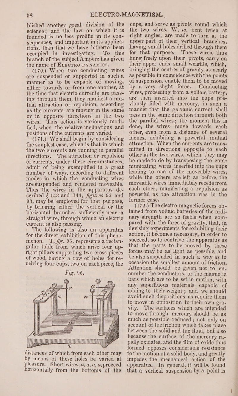 blished another great division of the science; and the law on which it is founded is no less prolific in its con- sequences, and important in its applica- tions, than that we have hitherto been occupied in investigating. To this branch of the subject Ampere has given the name of ELECTRO-DYNAMICS. (170.) When two conducting wires are suspended or supported in sucha manner as to be capable of moving, either towards or from one another, at the time that electric currents are pass- ing through them, they manifest a mu- tual attraction or repulsion, according as the currents are moving in the same or in opposite directions in the two wires. ‘This action is variously modi- fied, when the relative inclinations and positions of the currents are varied. (171.) We shall begin by considering the simplest case, which is that in which the two currents are running in parallel directions. The attraction or repulsion of currents, under these circumstances, admit of being exemplified in a great number of ways, according to different modes in which the conducting wires are suspended and rendered moveable. Thus the wires in the apparatus de- scribed § 143 and 144, figures 92 and 93, may be employed for that purpose, by bringing either the vertical or the horizontal branches sufficiently near a straight wire, through which an electric current is also passing. The following is also an apparatus for the direct exhibition of this pheno- menon. T, fig. 96, represents a rectan- gular table from which arise four up- right pillars supporting two cross pieces of wood, having a row of holes for re- ceiving four cups, two on each piece, the o TTT UH KK IAEA MUTT ie T distances of which from each other may by means of these holes be varied at pleasure. Short wires, a, a, a, a, proceed horizontally from the bottoms of the cups, and serve as pivots round which the two wires, W, w, bent twice at right angles, are made to turn at the upper part of their vertical branches, having small holes drilled through them for that purpose. These wires, thus hung freely upon their pivots, carry on their upper ends smali weights, which, bringing the centres of gravity as nearly as possible in coincidence with the points of suspension, enable them to be moved by a very slight force. Conducting wires, proceeding from a voltaic battery, are then inserted into the cups pre- viously filled with mercury, in such a manner that the galvanic current shall pass in the same direction through both the parallel wires; the moment this is done, the wires move towards each other, even from a distance of several inches, exhibiting a powerful mutual attraction. When the currents are trans- mitted in directions opposite to each other in the two wires, which they may be made to do by transposing the com- municating wires inserted into the cups leading to one of the moveable wires, while the others are left as before, the moveable wires immediately recede from each other, manifesting a repulsion as powerful as the attraction was in the former case. (172.) The electro-magnetic forces ob- tained from voltaic batteries of the ordi- nary strength are so feeble when com- pared with the force of gravity, that, in devising experiments for exhibiting their action, it becomes necessary, in order to succeed, so to contrive the apparatus as that the parts to be moved by these forces may be as light as possible, and be also suspended in such a way as to occasion the smallest amount of friction. Attention should be given not to ens cumber the conductors, or the magnetic bars which are to be set in motion, with any superfluous materials capable of adding to their weight ; and we should avoid such dispositions as require them to move in opposition to their own gra- vity. The surfaces which are intended to move through mercury should be as much as possible reduced; not only on between the solid and the fluid, but also because the surface of the mercury ra- pidly oxidates, and the film of oxide thus formed opposes considerable resistance to the motion of asolid body, and greatly impedes the mechanical action of the apparatus, In general, it will be found that a vertical suspension by a point is