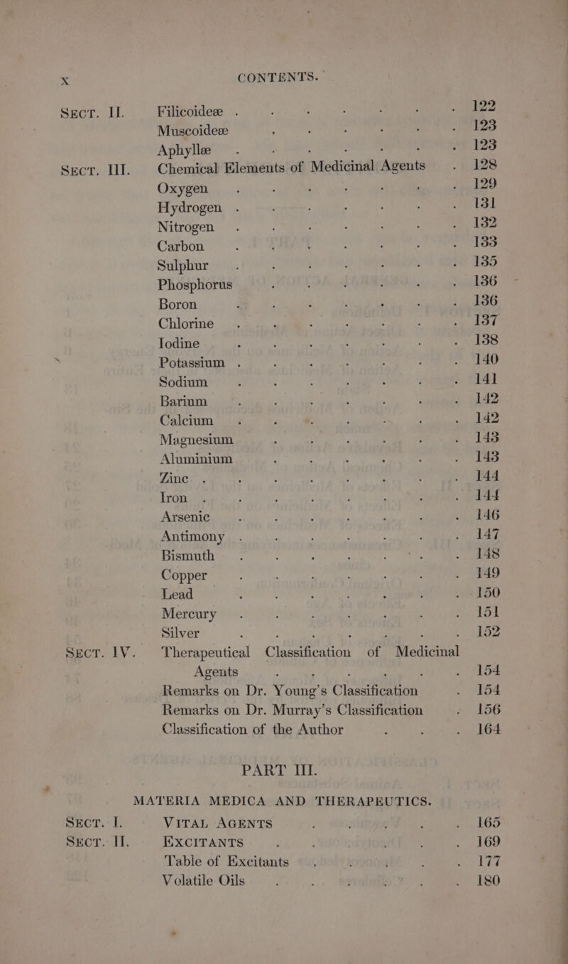 Sect. II. Filicoideee . Muscoideee Aphyllee Sect. III. | Chemical Blenients of Medicinal aaaiite Oxygen Hydrogen Nitrogen Carbon Sulphur Phosphorus Boron Chlorine Todine Potassium . Sodium Barium Calcium Magnesium Aluminium Zine Tron Arsenic Antimony Bismuth Copper Lead Mercury Silver ; secT. 1V. Therapeutical ciemenee of Medicinal Agents Remarks on Dr. ere sC etic Remarks on Dr. Murray’s Classification Classification of the Author PART III. MATERIA MEDICA AND THERAPEUTICS. SEcr. I. VITAL AGENTS Secor. I. EXCITANTS Table of Excitants Volatile Oils 165 169 177 a