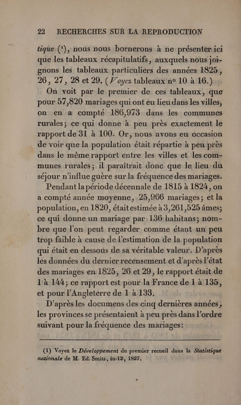 tique (*), nous nous bornerons à ne présenter ici que les tableaux récapitulatifs, auxquels nous joi- gnons les tableaux particuliers des années 1825, 26, 27, 28 et 29. ( Voyez tableaux n° 10 à 16.) On voit par le premier de ces tableaux, que pour 57,820 mariages qui ont eu lieu dans les villes, on en a compté 186,973 dans les communes rurales; ce qui donne à peu près exactement le rapport de 31 à 100. Or, nous avons eu occasion de voir que la population était répartie à peu près dans le même rapport entre les villes et les com- munes rurales ; il paraïîtrait donc que le lieu du séjour n’influe guère sur la fréquence des mariages. Pendant la période décennale de 1815 à 1824, on a compté année moyenne, 25,966 mariages; et la population, en 1820, était estimée à5,261,525 âmes; ce qui donne un mariage par 136 habitans; nom- bre que l’on peut regarder comme étant un peu trop faible à cause de l'estimation de la population qui était en dessous de sa véritable valeur. D’après les données du dernierrecensement et d’après l’état des mariages en 1825, 26 et 29, le rapport était de l'a 144; ce rapport est pour la France de 1 à 155, et pour l’Angleterre de 1 à 153. D’après les documens des cinq dernières années, les provinces se présentaient à peu près dans l’ordre suivant pour la fréquence des mariages: (1) Voyez le Développement du premier recueil dans la Statistique nationale de M. Ed. Smits, in-12, 1827.