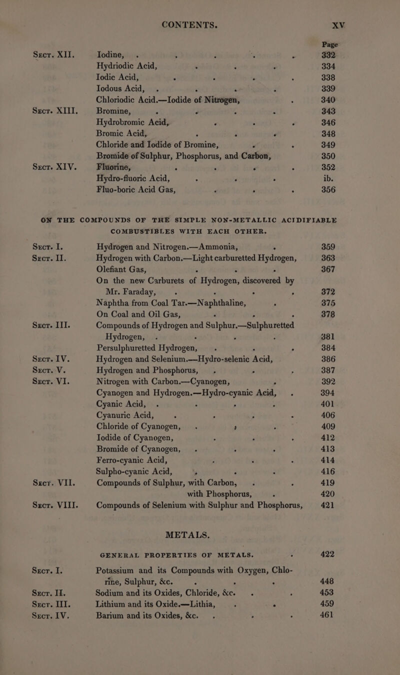 Secr. XII. Secr. XITI. Sect. XIV. CONTENTS. Iodine, . ’ j is e Hydriodic Acid, Todous Acid, . ‘ Chloriodic Acid.—TIodide of Niesges, Bromine, ‘ é A ‘ Hydrobromic Acid, . Bromic Acid, : P Chloride and Iodide of ‘Erode: : Bromide of Sulphur, Phosphorus, and Carton, Fluorine, . 4 ‘ : Hydro-fluoric Acid, ‘ ‘ , Fluo-boric Acid Gas, 4 ‘ A Sect. I. Secr. II. Secr. III. Secr. IV. Sect. V. Sect. VI. Secr. VII. Secr. VIII. Secr. I. Secr. II. Sect. III. Srecr. IV. COMBUSTIBLES WITH EACH OTHER. Hydrogen and Nitrogen.— Ammonia, Hydrogen with Carbon.—Light carburetted Hy drogen, Olefiant Gas, On the new Carburets of Fbdauieut Sissanenid by Mr. Faraday, . . , Naphtha from Coal Tar.—N aptaline On Coal and Oil Gas, Compounds of Hydrogen and Sulphur —Sulphu Felted Hydrogen, . . Persulphuretted Hydrogen, . ; Hydrogen and Selenium.——Hydro-selenic Rpt Hydrogen and Phosphorus, . ° Nitrogen with Carbon.—Cyanogen, ’ Cyanogen and Hydrogen. asec acta Aga,’ . Cyanic Acid, . ; ; Cyanuric Acid, ; Chloride of Cyanogen, . 2 Iodide of Cyanogen, Bromide of Cyanogen, Ferro-cyanic Acid, Sulpho-cyanic Acid, , Compounds of Sulphur, with Carbon, with Phosphorus, Compounds of Selenium with Sulphur and Phosphorus, METALS. GENERAL PROPERTIES OF METALS. Potassium and its Compounds with Oxygen, Chlo- rine, Sulphur, &amp;c. ; : Sodium and its Oxides, Chloride, eet : Lithium and its Oxide.—Lithia, : ° Barium and its Oxides, &amp;c. _. . 359 363 367 372 375 378 381 384 386 387 392 394 401 406 409 412 413 414 416 419 420 421 422 448 453 459 461