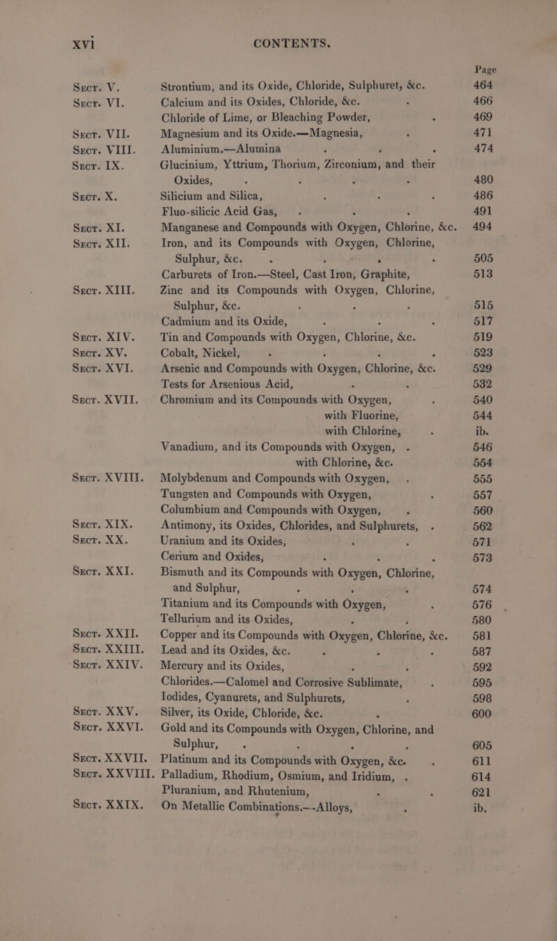 XIII. XIV. XV. XVI. XVII. XVIII. XIX. 20. XXI. XXII. XXIII. XXIV. XXV. XXVI. XXVII. XXVIII. XXIX. Strontium, and its Oxide, Chloride, Sulphuret, &c. Calcium and its Oxides, Chloride, &c. Chloride of Lime, or Bleaching Powder, Magnesium and its Oxide.—Magnesia, Aluminium.—Alumina Glucinium, Yttrium, Thorium, eniien and diets Oxides, Silicium and Silica, Fluo-silicic Acid Gas, Iron, and its Compounds with Onyeert Chlorine, Sulphur, &c. . : Carburets of [ron.—Steel, Cast Iron, Graphite, Zinc and its Compounds with Oxygen, Chlorine, Sulphur, &c. Cadmium and its Oxide, Tin and Compounds with Oxygen, Cane &e. Cobalt, Nickel, : . Arsenic and Compounds with eyacua Ghicoinel &e. Tests for Arsenious Acid, ‘ \ Chromium and its Compounds with Oxygen, with Fluorine, with Chlorine, Vanadium, and its Compounds with Oxygen, with Chlorine, &c. Molybdenum and Compounds with Oxygen, Tungsten and Compounds with Oxygen, Columbium and Compounds with Oxygen, Antimony, its Oxides, Chlorides, and Sulphurets, Uranium and its Oxides, Cerium and Oxides, Bismuth and its Compounds wall Oxbich, Chlorine, and Sulphur, 5 1 Titanium and its Compounds with Ok}ecs, Tellurium and its Oxides, Lead and its Oxides, &c. Mercury and its Oxides, : Chlorides.—Calomel and Corrosive Sublimate, Iodides, Cyanurets, and Sulphurets, Silver, its Oxide, Chloride, &c. Gold and its Compounds with Oxygen, Pitocine! and Sulphur, . ‘ Platinum and its Coripounde with Oxygen, om Palladium, Rhodium, Osmium, and Iridium, . Pluranium, and Rhutenium, On Metallic Combinations.—~Alloys, Page 464 466 469 471 474 480 486 491 494 505 513 515 517 519 523 529 532 540 544 ib. 546 554 555 557 560 562 571 573 574 576 580 581 587 592 595 598 600 605 611 614 621 ib,