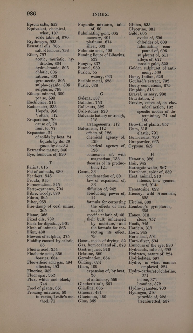 Epsom salts, 653 Equivalent, chemical, what, 187 scale table of, 970 Erythrogen, 923 Essential oils, 785 salt of lemons, 738 Ether, 797 acetic, muriatic, hy- driodic, 804 hydro-bromic, 805 chloric, 805 nitrous, 803 pyro-acetic, 805 sulpho-cyanic, 805 sulphuric, 798 Ethiops mineral, 600 per se, 593 Euchlorine, 314 Eudiometer, 238 Hope’s, 950 Volta’s, 112 Evaporation, 70 cause of, 70 limit to, 77 Expansion, 24 of solids by heat, 24 liquids by do. 29 gases by do. 32 Extractive matter, 840 Eye, humours of, 930 F Farina, 815 Fat of animals, 880 Feathers, 945 Fecula, 815 Fermentation, 845 Ferro-cyanates, 704 Fibre, woody, 820 Fibrin, 865 Filter, 959 Fire-damp of coal mines, Flame, 366 Fixed oils, 782 Flask for digesting, 961 Flesh of animals, 865 Flint, 488 Flowers of sulphur, 275 Fluidity caused by caloric, 55 Fluoric acid, 354 Fluoboric acid, 356 borates, 684 Fluo-silicic acid gas, 494 silicates, 493 Fluorine, 352 Fluor spar, 352 Flux, white and black, 744 Food of plants, 861 Freezing mixtures, 60 in vacuo, Leslie’s me- thod, 71 Frigorific mixtures, table of, 60 Fulminating gold, 605 mercury, 404 platinum, 614 silver, 603 Fuming liquor of Libavius, 522 Fungin, 837 Funnel, 959 Fusion, 55 watery, 633 Fusible metal, 625 Fustic, 828 G Galena, 587 Gallates, 753 Gall-nuts, 829 Gall-stones, 922 Galvanic battery or trough, 118 arrangements, 112 Galvanism, 112 effects of, 126 chemical agency of, electrical agency of, connexion of, with magnetism, 138 theories of its produc- tion, 121 Gases, 33 condensation of, 83 law of expansion of, 33 diffusion of, 242 conducting power of, 14 formula for correcting the effects of heat on, 33 specific caloric of, 48 their bulk influenced by moisture, - and the formula for cor- recting its effect, 79 Gases, mode of drying, 82 Gas, from coal and oil, 378 Gastric juice, 918 Gelatine, 869 Germination, 854 Gilding, 624 Glass, 489 expansion of, by heat, 26 of antimony, 569 Glauber’s salt, 651 Gliadine, 835 Glucina, 481 Glucinium, 480 Glue, 869 Gluten, 833 Glycerine, 881 Gold, 605 oxides of, 606 chlorides of, 608 fulminating com- pound of, 605 sulphuret of, 611 alloys of, 627 mosaic gold, 522 Golden sulphuret of anti- mony, 569 Gong, Indian, 626 Goulard’s extract, 732 Gouty concretions, 875 Graphite, 513 Gravel, urinary, 938 Gravitation, 2 Gravity, effect of, on che- mical action, 182 specific modes of de- termining, 74 and 160 Growth of plants, 857 Gum, 818 elastic, 791 Gum-resins, 790 Gunpowder, 665 Gypsum, 652 H Hematin, 828 Hair, 945 Harrogate water, 967 Hartshorn, spirit of, 359 Heat, animal, 913 intense, how genera- ted, 914 Hematosine, 892 Hiccory, wild American, Hircine, 883 Homberg’s pyrophorus, 655 Honey, 813 stone, 757 Hoofs, 945 Hordein, 817 Horn, 945 Horn-lead, 591 Horn-silver, 604 Humours of the eye, 930 Hydracids, salts of, 692 Hydrates, nature of, 224 Hydriodates, 697 Hydro, in what manner employed, 224 Hydro-carburetof chlorine, 71 iodine, 371 bromine, 372 Hydro-cyanates, 703 Hydrogen, 216 peroxide of, 225 arseniurettéd, 537