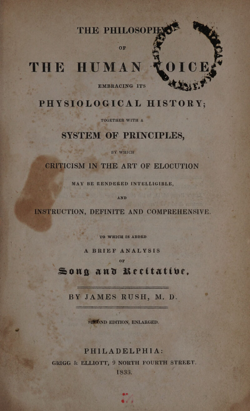 CO ae THE PHILOSOPHY a oa ee GSAS oe eee a THE HUMAN | _-—s EMBRACING Irs PHYSIOLOGICAL HISTORY;  ‘ _ TOGETHER WITH A SYSTEM or PRINCIPLES, ~ ah of - * &gt; z ; ee’ : 334 &lt; et ee Ed Cea Se i ne | ae Bn v3 Set Patan Fi ys he leh RATT eS gt - ae - BY rice ; ; CISM IN’ THE ART OF ELOCUTION ; ol MAY BE RENDERED INTELLIGIBLE, ; &lt; : ie . - TaD | ety UCTION, DEFINITE AND COMPREHENSIVE. x Ee “TO WHICH {8 ADDED ‘ j y A BRIEF ANALYSIS pane . ‘ OF | ey AUD Recitative, BY JAMES RUSH, M. D. r SOND EDITION, ENLARGED. PHILADELPHIA: GRIGG &amp; ELLIOTT, 9 NORTH FOURTH STREET. re f 1833. | v @. 3 “a a