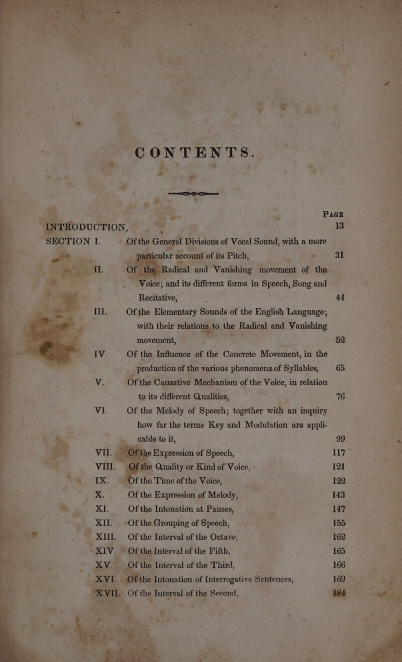 tide Ze a 4! ' . “a e ay o~ ob PaGE t ; q INTRO! DUCTION, a ee 13 E of the Gener ie Divisions of Vocal Sound, with a more — ge partic ular account of its Pitch, . - 31 Sie Radical and Vanishing fist eenigsh of “tad : , , Voice; ; and its different forms in Speech,Songand Recitative, “4 44 Of the Elementary Sounds of the English Language; with their nage the Radical and Vanishing . ne movement, - 52 Of the Influence of the Coilershs Movement, in the -produetion of the various phenomenaof Syllables, 65 or the Causative Mechanism of the Voice, in relation Ee to its different Qualities, ite” 76 a ; Of the Melody of Speech; together with: an inquiry ue how far the terms Key and Modulation are appli- oN M cable to it, 99 é ‘4 Vil. e Expression of Speech, 117 ‘ VIII. he Quality or Kind of Voice, 121  IX. fthe Time ofthe Voice, = 122 a X. Ofthe Expression of Melody, = 143 is XI. Ofthe Intonation at Pauses, &gt; + 147 . a _ _XIL Of the Grouping of Speech, 155 a © XIIL Of the Interval of the Octave, 162 x ‘ XIV. PN ethg Interval of the Fifth, rt the Interval of the Third, ; e Intonation of Interrogative Sentences, ‘ | of the Interval of the Second, _