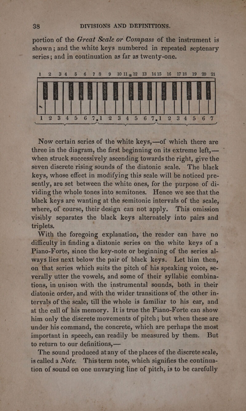 portion of the Great Scale or Compass of the instrument is shown; and the white keys numbered in repeated septenary series; and in continuation as far as twenty-one. LSD 6 1 8 aS OT PS co, 2 See Rp eee — — a ts er a ee toe Now certain series of the white keys,—of which there are three in the diagram, the first beginning on its extreme left,— ~ when struck successively ascending towards the right, give the seven discrete rising sounds of the diatonic scale. The black keys, whose effect in modifying this scale will be noticed pre- sently, are set between the white ones, for the purpose of di- viding the whole tones into semitones. Hence we see that the black keys are wanting at the semitonic intervals of the scale, where, of course, their design can not apply. This omission visibly separates the black keys alternately into pairs and triplets. With the foregoing explanation, the reader can have no difficulty i in finding a diatonic series on the white keys of a Piano-Forte, since the key-note or beginning of the series al- ways lies next below the pair of black keys: Let him then, on that series which suits the pitch of his speaking voice, se- verally utter the vowels, and some of their syllabic combina- tions, in unison with the instrumental sounds, both in their diatonic order, and with the wider transitions of the other in- tervals of the scale, till the whole is familiar to his ear, and at the call of his memory. It is true the Piano-Forte can show him only the discrete movements of pitch ; but when these are under his command, the concrete, which are perhaps the most important in speech, can readily be measured by them. But to return to our definitions, — The sound produced at any of the places of the discrete scale, is called a Note. Thisterm note, which signifies the continua- tion of sound on one unyarying line of pitch, is to be carefully