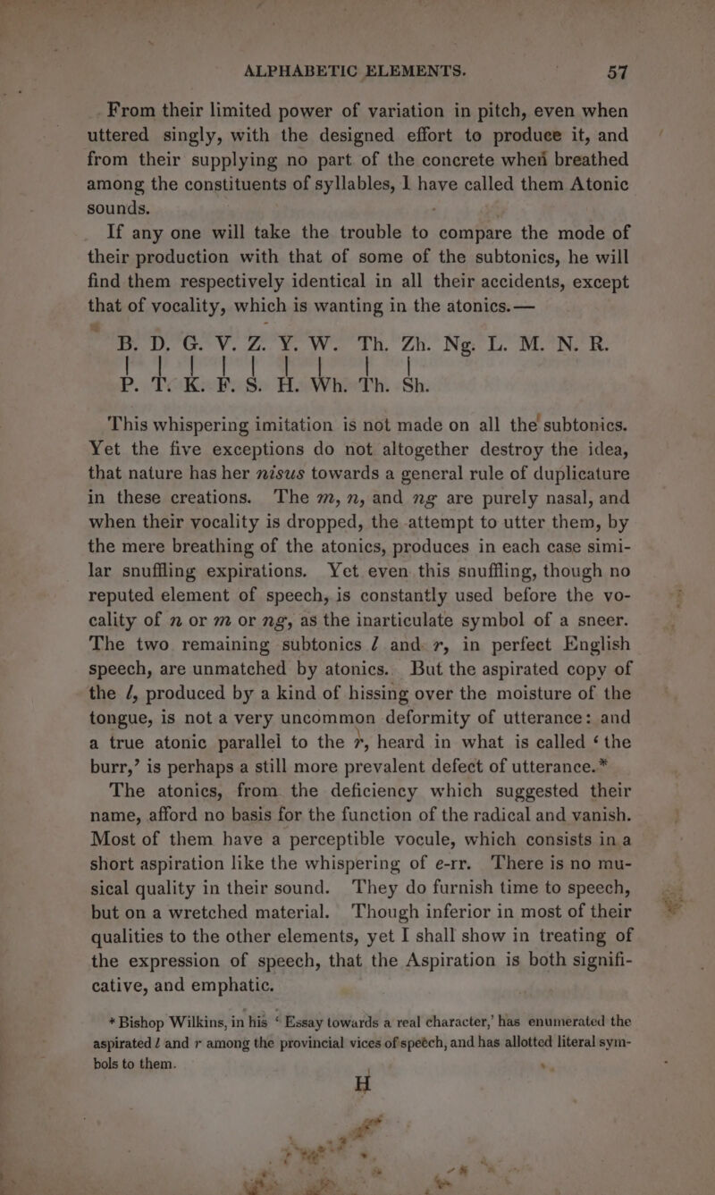 From their limited power of variation in pitch, even when uttered singly, with the designed effort to produce it, and from their supplying no part of the concrete when breathed among the constituents of syllables, 1 have called them Atonic sounds. If any one will take the trouble to compare the mode of their production with that of some of the subtonics, he will find them respectively identical in all their accidents, except that of vocality, which is wanting in the atonics.— Bee, ee Ve 2 Bee Wied TL, ZN. ING La. VES Noe Ete Hee es nm aN. re P. TK. #8. He Wh, Th. Sh. This whispering imitation is not made on all the subtonics. Yet the five exceptions do not altogether destroy the idea, that nature has her nzsws towards a general rule of duplicature in these creations. The m,n, and ng are purely nasal, and when their vocality is dropped, the attempt to utter them, by the mere breathing of the atonics, produces in each case simi- lar snuffling expirations. Yet even this snuffling, though no reputed element of speech,.is constantly used before the vo- cality of m or m or ng, as the inarticulate symbol of a sneer. The two remaining subtonics 7 and 7, in perfect English speech, are unmatched by atonics.. But the aspirated copy of the /, produced by a kind of hissing over the moisture of the tongue, is not a very uncommon deformity of utterance: and a true atonic parallel to the r, heard in what is called ‘ the burr,’ is perhaps a still more prevalent defect of utterance.* The atonics, from the deficiency which suggested their name, afford no basis for the function of the radical and vanish. Most of them have a perceptible vocule, which consists in a short aspiration like the whispering of e-rr. There is no mu- sical quality in their sound. They do furnish time to speech, but on a wretched material. Though inferior in most of their qualities to the other elements, yet I shall show in treating of the expression of speech, that the Aspiration is both signifi- cative, and emphatic. * Bishop Wilkins, in his ‘ Essay towards a real character, has enumerated the aspirated / and r among the provincial vices of speéch, and has allotted literal sym- bols to them. . H i er w *