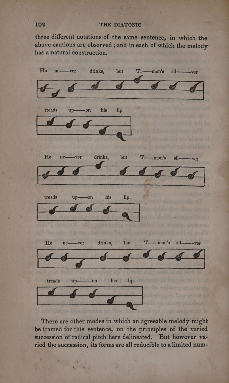 three different notations of the same sentence, in which the above cautions are observed ; and in each of which the melody has a natural construction. treads up——on his lip. He ne——ver drinks, but Ti--—mon’s _ sil ver He ne ver drinks, but Ti—--mon’s _ sil --ver There are other modes in which an agreeable melody might be framed for this sentence, on the principles of the varied succession of radical pitch here delineated. But however va- ried the succession, its forms are all reducible to a limited num-