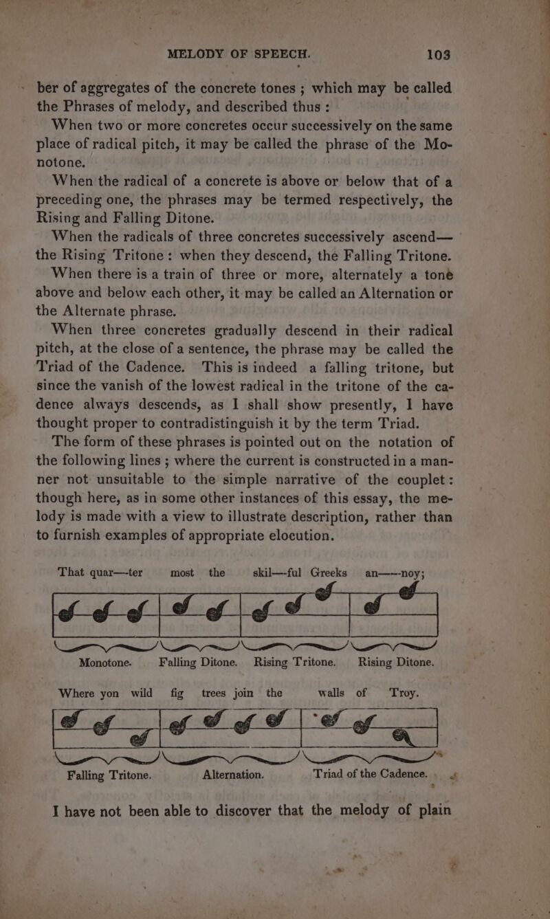 ber of aggregates of the concrete tones ; which may be called the Phrases of melody, and described thus : When two or more concretes occur successively on the same place of radical pitch, it may be called the phrase of the Mo- notone. | When the radical of a concrete is above or below that of a preceding one, the phrases may be termed respectively, the Rising and Falling Ditone. When the radicals of three concretes successively ascend— — the Rising Tritone: when they descend, the Falling Tritone. When there is a train of three or more, alternately a toné above and below each other, it may be called an Alternation or the Alternate phrase. When three concretes gradually descend in their radical pitch, at the close of a sentence, the phrase may be called the Triad of the Cadence. This is indeed a falling tritone, but since the vanish of the lowest radical in the tritone of the ca- dence always descends, as I shall show presently, 1 have thought proper to contradistinguish it by the term Triad. The form of these phrases is pointed out on the notation of the following lines ; where the current is constructed in a man- ner not unsuitable to the simple narrative of the couplet: though here, as in some other instances of this essay, the me- lody is made with a view to illustrate description, rather than to furnish examples of appropriate elocution. That quar—-ter most the skil—-ful Greeks an—-~-noy; Ne Ne Monotone. Falling Ditone. Rising Tritone. Rising Ditone. Where yon wild fig trees join the walls of Troy. very se a Falling Tritone. Alternation. Triad of the Cadence. s I have not been able to discover that the melody of plain s  ; birt tie 2