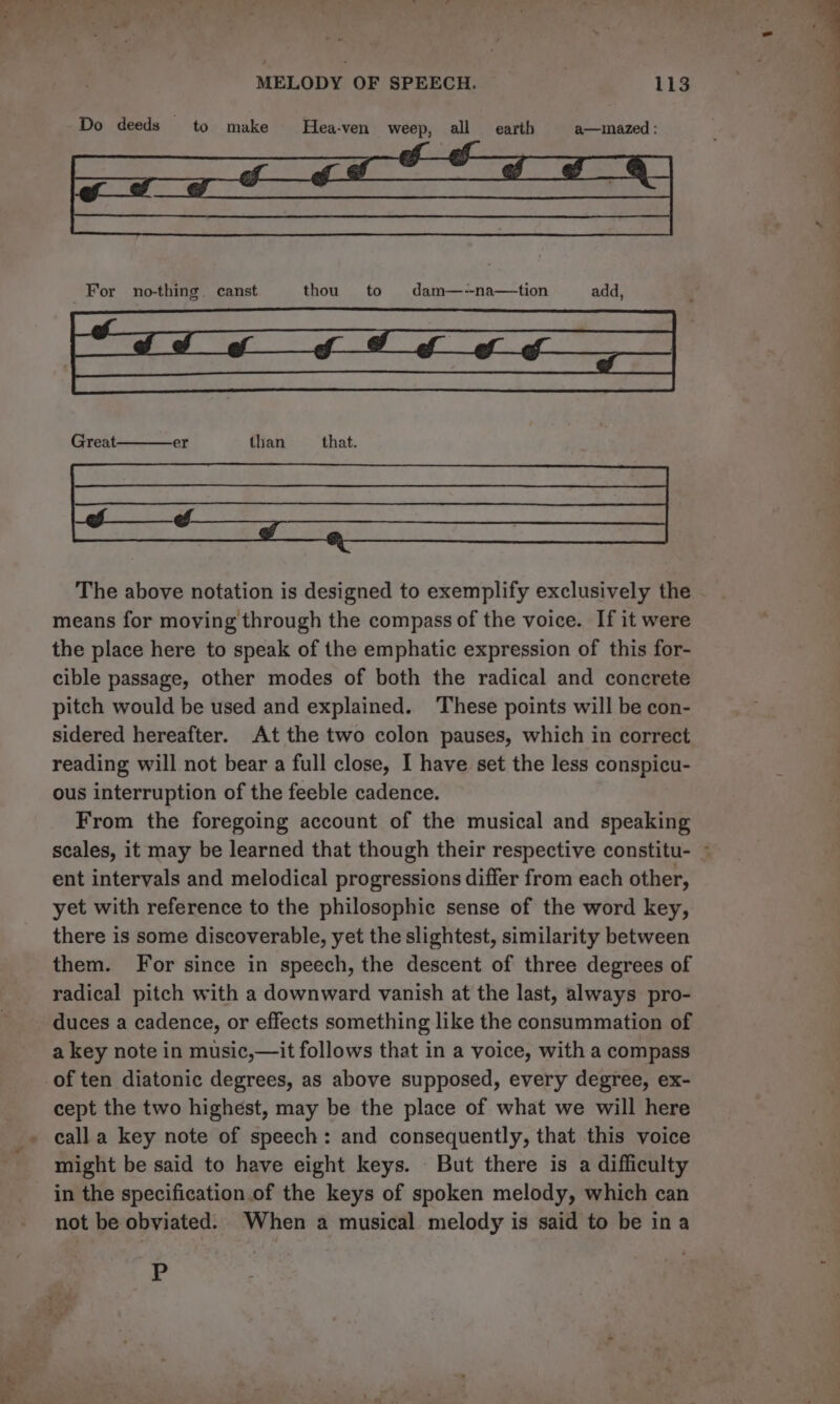 Phy &gt; Do deeds to make Hea-ven weep, all earth a—mazed : For nothing. canst thou to dam—--na—tion add, gg ge ere er than that. The above notation is designed to exemplify exclusively the means for moving through the compass of the voice. If it were the place here to speak of the emphatic expression of this for- cible passage, other modes of both the radical and concrete pitch would be used and explained. These points will be con- sidered hereafter. At the two colon pauses, which in correct reading will not bear a full close, I have set the less conspicu- ous interruption of the feeble cadence. From the foregoing account of the musical and speaking ent intervals and melodical progressions differ from each other, yet with reference to the philosophic sense of the word key, there is some discoverable, yet the slightest, similarity between them. For since in speech, the descent of three degrees of radical pitch with a downward vanish at the last, always pro- duces a cadence, or effects something like the consummation of a key note in music,—it follows that in a voice, with a compass cept the two highest, may be the place of what we will here call a key note of speech: and consequently, that this voice might be said to have eight keys. But there is a difficulty in the specification of the keys of spoken melody, which can not be obviated. When a musical melody is said to be ina P