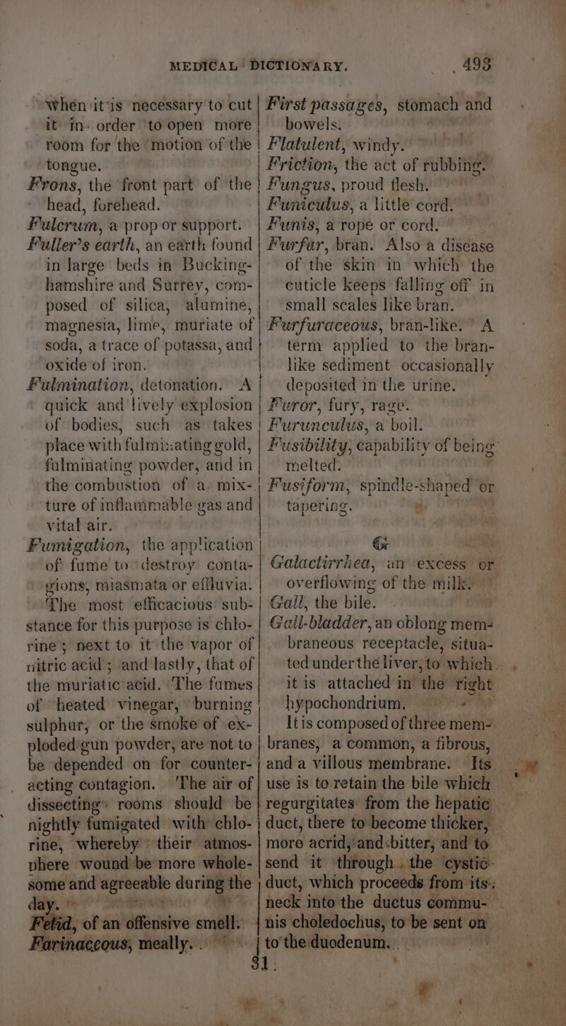 When ‘itis necessary to cut it in- order ‘to open more room for the ‘motion of the tongue. Frons, the front part of the head, forehead. Fulcrum, a prop or support. Falier’s earth, an earth found in large beds in Bucking- hamshire and Surrey, com- posed of silica, alumine; magnesia, Hiriibes! muriate of soda, a trace of potassa, and oxide of iron. fulmination, detonation. quick and lively explosion of bodies, such as takes place with fulmizating gold, fulminating powder, ‘and in the combustion of a. mix-. ture of inflammable gas and vital air. Fumigation, the application of fume to destroy conta- gions, miastmmata or effluvia. The tmhost efficacious: sub- stance for this purpose is chlo- rine; next to it the vapor of nitric acid ; and'tastly, that of the muriatic acid. The fumes of “heated vinegar, burning sulphur, or the smoke of ex- ploded’gun powder, are not to be depended on for counter- ; acting contagion. ‘The air of dissecting” rooms should be nightly fumigated with chlo- rine, whereby: their atmos- phere wound be more whole- some and ae during the ae rid, of an \dfferisive smell: ‘inaccous, meally. . 495 | First passages, stomach and bowels. | Flatulent, windy. Friction, ‘the act of rubbing. Fungus, proud flesh. | Funiculus, a little cord. unis, a rope or cord. Furfur, bran. Also a disease of the skin in which the cuticle keeps falling off in small scales like bran. Furfuraceous, bran-like. ’ A term applied to the bran- like sediment occasionally deposited in the urine, Furor, fury, rage. Furunculus, a boil. i melted. Fusiform, spindl tapering. ti | | e-shaned or Gr Galactirriiea, overflowing of the milky Gall, the bite: braneous receptacle, situa- it is attached in the. night | hypochondrium. =~ | branes, a common, a fibrous, aad a villous membrane: send it through... the cystic. duct, which proceeds from its:; nis choledochus, to be sent on. iy 5 7 ie 4 4 a