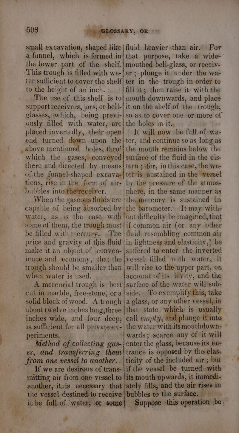 \ = 508 Spy sbhossaRy, OR small excavation, shaped like fluid heavier than air.’ For a funnel, which is formed in|that purpose, take a wide- the lower part of the sheif.} mouthed bell-glass, or-receiv- This trough is filled. with wa-!er ; plunge it under the wa- ter sufficient to cover the te ter in the trough in order to to the height of an inch. fill it; then raise it with the The use of this shelf is to] mouth downwards, and place support receivers, jars, or bell-| it on the shelf of the trough, glasses, which, being baie So.as to cover one or more Sof ously filled with water, are | the holes in it., placed invertedly, their open} It will now be full. of wa- cnd turned down upon the} ter, and continue so as long as _aboye mentioned holes, thro?| the motith remains below the which the. gases,conveyed! surface of the fluid in the cis- there and directed by. means tern ; for, in this case, the wa- of the funnel-shaped excavas| ter is ‘sustained in the vessel tions, rise inthe form.of air- by the pressure of the atmos- bubbles into the'receiver. f phere, in the same manner as When the gaseous fluids are |the mercury is sustained ‘in capable of being absorbed by |the barometer. It may with- water, asis the case with /out difficulty-be imagined, that some of them, the trough must !if common air (or any other be filled .with mercury. «The j fluid resembling common air price and gravity of this fluid | in lightness and ‘elasticity,) be make it an object.of conven- {suffered to enter the inverted ience and ‘economy, that the {vessel filled with water, it trough should be smaller than j will rise to the upper part, on when water is used. lacoount of its levity, and the A mercurial trough is best’ isurface of the water will’sub- cut in marble, free- stone; ora side. To exemplify this, take solid block of Sica A trou ch ja glass, or any other vessel, in about twelve inches long, three |that. state. which: is usually inches wide, and four. deep; | call empty, and plunge it inte is sufficient for all private-ex- | the water with itsmouthdown- - periments. _ | ‘| wards; scarce any of ‘it will Method of collecting gas-: enter the elass, because its en- from one vessel to another. . \ticity of the included air ; but If we are desirous of trans-lif the vessel be turned. with mitting air from one vessel to | its mouth upwards, it immedi- another, it.:is necessary that|ately fills, and the air rises in the vessel destined: to receive | bubbles to the surface. ff Bins “fF