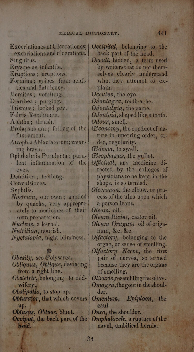 Serer tS MEDICAL DICTIONARY. Excoriationes et Ulce rationes; excoriations and ulcerations. Occipital, belonging to. the back part of the | aad a y's {Ny Singultus. Occult, hidden, a’ rm used Erysipelas Infantile. by writersthat do not them- itruptions ; eruptions. selves clearly undérstand Formina; gripes. from acidi- | what they attempt td ex- ties and) flatulency. plain. 7 Vomitus ; vomiting, | Occulus, the eye. Diarrhea ; ; purging. Odoniagra, tooth-ache. Trismus; locked jaw. Odontalgia, the same. ebris Pasutlients Odontoid, shaped like.a tooth. | . Aphtha; thrush. Odour, smell. Prolapsus ani; falling of the Gconomy, theconductofna- fundament. ture in, unerring order, or- 5 | AtrophiaA blactatorum; wean- | . der, regularity. hs 1 ing brash. CEdema, | to swell. ae Ophthalmia Purulenta ; pura | @sophagus, the gullet. lent inflammation of the | Officinal, any medicine di- eyes. rected by the colleges of- Ne, Dentition ; teething. | physicians to be kept in the eek Conrulsiones. | shops, is so termed. . eae Syphilis. Olecranon, the elbow, or pro- Nostrum, our own; applied | cess of the ulna upon which by quacks, very appropri- | a person leans. 7 ately to medicines of their Oleum, oil. , own preparation. Oleum Ricini, castor oil, Nucleus, a kernel. Oleum Oragani oil of origa- Nutrition, nourish. | num, &amp;c. &amp;c. Nyctalopia, night blindness. ; Olfactory, belonging to the py organ, or sense of smelling. Olfactory Nerve, the first Obesity, see /Polysarca. | pair of nerves, sotermed OS Oblique, deviating! because they aretheorgans . ight line. | : of smelling. ic, belonging to mid- | Olivaris sresemblingthe olive. Omagra,the goutin: the'shoul- be wee ), to. stop up. | der. ; that which covers. Canmnins Epiploon, the vsti . CAMA i259 sah Pn HLS, a blunt. . | Onro, the shoulder. Rae by ci . site art. of the | Onumhalicele. a rupture ¢ ie the Gals | navel, as 18) ‘ o4