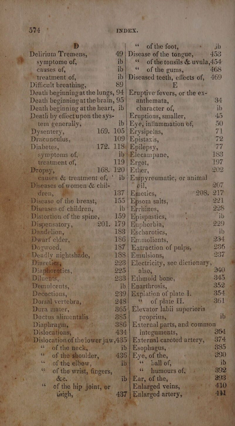 D Delirium Tremens, symptome of, causes of, * treatment of, Difficult breathing, tem generally, Dysentery, Dracunculus, Diabetes, _ symptoms of, 4 - treatment of, Re, bis a ORS, a Odren, gy - Disease of the breast, { iseases.of children, _ Dispensatory :  “Dandelion, . 4 Dwarf elder, Siu JR Dogwood, ! on x Dea adly oh iid hs, / pula ; Decoctions, Bik, Dorsal vertebra, ae Dura mater, |. i dea Ductus alimentalis Diaphragm, ste! yi “Dislocations, — is ted ‘¢ . of the neck, ib | Esophagus, eee of the’shoulder, 436 | Eye, of the, te ake softhe eRe, ib} “ball of, 0s of the wrist, fingers, 9) ‘‘ humours off ii ie tS OC ae | ib} Ear, of the, - °° he. ‘* of the hip joint, or __ | Enlarged veins, * a ‘nigh, : | 437 Enlarged artery, 28) ae uy . - ds ah ts | ae Att a r a ae | ‘* of the foot, ‘ab 49 | Disease of the tongue, 4523 ib] ‘* of the tonsils &amp; uvula,454 ib} ‘* of the gums, 468 ib | Diseased teeth, effects of, 469 89 E Eruptive fevers, or the ex- anthemata, 34 character of, ib Eruptions, smaller, 45 ib | Eye, inflammation Of, 50 105 | Erysipelas, 71 109} Epistaxis, 12 1184 Epilepsy, 77 ib} Elecampane, 183 119 | Ergot, 197 . 120) Ether, 902 ib ; Empyreumatic, or animal ~ Bil, 207 137 | Emetics, 208; 217 155 | Epsom salts, » 221 ib | Errhines, 228 159 | Epispastics, ’ ib .» 179 | Euphorbia, 929 183 | Escharotics, ib 186 | Emmolients, 234 187 | Extraction of pulps, 236 188 Emulsions, 237 223 | Electricity, see dictionary, 225.) ©, also, 240 233.| Ethmoid bone, 345 239 | Explaticn of plate I. 354 248; “ of plate I. 361 865! Elevator labii superioris 885 _proprius, ib 386 | External parts, and common