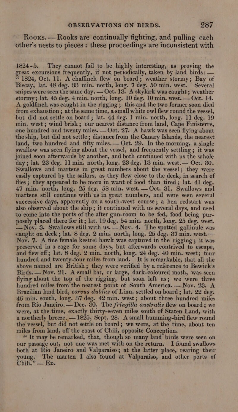 Rooxs. — Rooks are continually fighting, and pulling each other’s nests to pieces : these proceedings are inconsistent with 1824-5, They cannot fail to be highly interesting, as proving the great excursions frequently, if not periodically, taken by land birds: — ** 1824, Oct. 11. A chaffinch flew on board; weather stormy; Bay of Biscay, lat. 48 deg. 83 min. north, long. 7 deg. 50 min. west. Several snipes were seen the same day. — Oct. 13. A skylark was caught ; weather stormy; lat. 45 deg. 4 min. north, long. 10 deg. 10 min. west. — Oct. 14. A goldfinch was caught in the rigging ; this and the two former soon died from exhaustion ; at the same time, a small white owl flew round the vessel, but did not settle on board ; lat. 44 deg. ] min. north, long. 11 deg. 19 min. west ; wind brisk; our nearest distance from land, Cape Finisterre, one hundred and twenty miles. — Oct. 27. A hawk was seen flying about the ship, but did not settle ; distance from the Canary Islands, the nearest land, two hundred and fifty miles.— Oct. 29. In the morning, a single swallow was seen flying about the vessel, and frequently settling ; it was joined soon afterwards by another, and both continued with us the whole day ; lat. 23 deg. 11 min. north, long. 23 deg. 13 min. west. — Oct. 80. Swallows and martens in great numbers about the vessel; they were easily captured by the sailors, as they flew close to the deck, in search of flies; they appeared to be more in want of food than tired; lat. 41 deg. 47 min. north, long. 25 deg. 58 min. west. — Oct. 31. Swallows and martens still continue with us in great numbers, and were seen several successive days, apparently on a south-west course; a hen redstart was also observed about the ship ; it continued with us several days, and used to come into the ports of the after gun-room to be fed,. food being pur- posely placed there for it ; lat. 19 deg. 54 min. north, long. 25 deg. west. —Noy. 3. Swallows still with us. — Nov. 4. ‘The spotted gallinule was caught on deck ; lat. 8 deg. 2 min. north, long. 25 deg. 37 min. west.— Nov. 7. A fine female kestrel hawk was captured in the rigging ; it was ‘preserved in a cage for some days, but afterwards contrived to escape, and flew off; lat. 8 deg. 2 min. north, long. 24 deg. 40 min. west; four hundred and twenty-four miles from land. It is remarkable, that all the above named are British; they were verified by a reference to Bewick’s Birds. — Nov. 21. A small bat, or large, dark-coloured moth, was seen flying about the top of the rigging, but soon left us; we were three hundred miles from the nearest point of South America. — Nov. 28. A Brazilian land bird, corvus dubius of Linn. settled on board ; lat. 22 deg. 46 min. south, long. 37 deg. 42 min. west; about three hundred miles from Rio Janeiro. — Dec. 80. The fringilla australis flew on board ; we were, at the time, exactly thirty-seven miles south of Staten Land, with a northerly breeze. — 1825, Sept. 28. A small humming-bird flew round the vessel, but did not settle on board; we were, at the time, about ten miles from land, off the coast of Chili, opposite Conception. “< It may be remarked, that, though so many land birds were seen on our passage out, not one was met with on the return. 1 found swallows both at Rio Janeiro and Valparaiso; at the latter place, rearing their eis pie marten I also found at Valparaiso, and other parts of Chili.” — En.