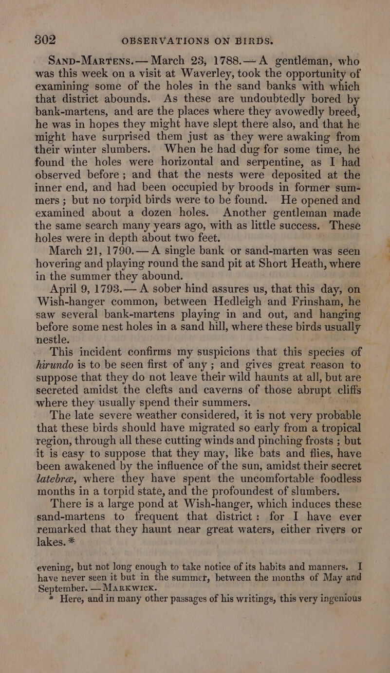 Sanp-Martens.— March 23, 1788.—A gentleman, who was this week on a visit at Waverley, took the opportunity of examining some of the holes in the sand banks with which that district abounds. As these are undoubtedly bored by bank-martens, and are the places where they avowedly breed, he was in hopes they might have slept there also, and that he might have surprised them just as they were awaking from their winter slumbers. When he had dug for some time, he found the holes were horizontal and serpentine, as I had observed before ; and that the nests were deposited at the inner end, and had been occupied by broods in former sum- mers ; but no torpid birds were to be found. He opened and examined about a dozen holes. Another gentleman made the same search many years ago, with as little success. These holes were in depth about two feet. March 21, 1790.— A single bank or sand-marten was seen hovering and playing round the sand pit at Short Heath, where in the summer they abound. April 9, 1793.— A sober hind assures us, that this day, on Wish-hanger common, between Hedleigh and Frinsham, he saw several bank-martens playing in and out, and hanging before some nest holes in a sand hill, where these birds usually nestle. This incident confirms my suspicions that this species of hirundo is to be seen first of any ; and gives great reason to suppose that they do not leave their wild haunts at all, but are secreted amidst the clefts and caverns of those abrupt cliffs where they usually spend their summers. slay The late severe weather considered, it is not very probable that these birds should have migrated so early from a tropical region, through all these cutting winds and pinching frosts ; but it is easy to suppose that they may, like bats and flies, have been awakened by the influence of the sun, amidst their seeret latebre, where they have spent the uncomfortable foodless months in a torpid state, and the profoundest of slumbers. There is a large pond at Wish-hanger, which induces these sand-martens to frequent that district: for I have ever remarked that they haunt near great waters, either rivers or lakes. * evening, but not long enough to take notice of its habits and manners. I have never seen it but in the summer, between the months of May and September. —Markwick. * Here, and in many other passages of his writings, this very ingenious