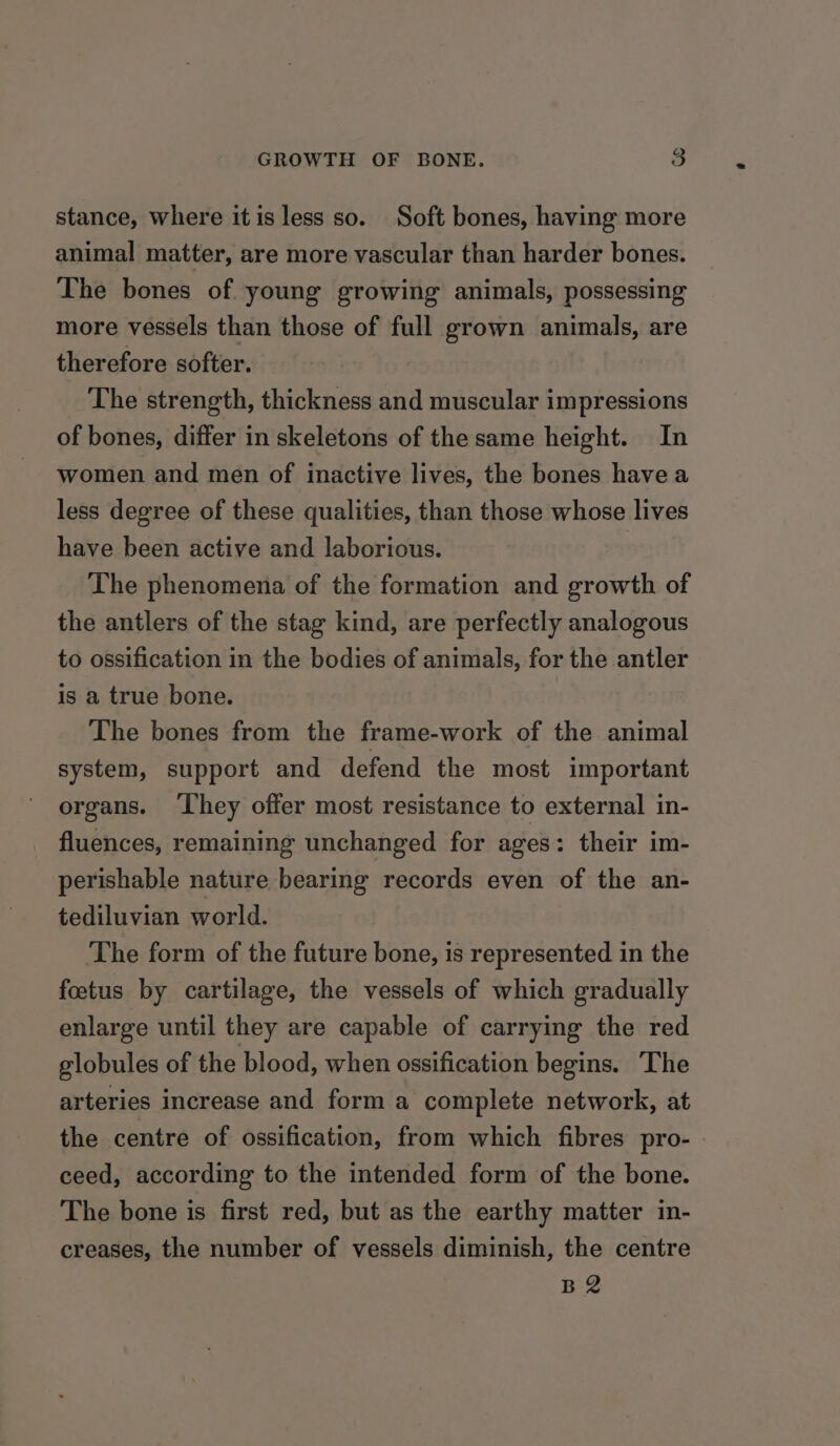 stance, where it is less so. Soft bones, having more animal matter, are more vascular than harder bones. The bones of young growing animals, possessing more vessels than those of full grown animals, are therefore softer. The strength, thickness and muscular impressions of bones, differ in skeletons of the same height. In women and men of inactive lives, the bones havea less degree of these qualities, than those whose lives have been active and laborious. The phenomena of the formation and growth of the antlers of the stag kind, are perfectly analogous to ossification in the bodies of animals, for the antler is a true bone. The bones from the frame-work of the animal system, support and defend the most important organs. ‘hey offer most resistance to external in- fluences, remaining unchanged for ages: their im- perishable nature bearing records even of the an- tediluvian world. The form of the future bone, is represented in the foetus by cartilage, the vessels of which gradually enlarge until they are capable of carrying the red globules of the blood, when ossification begins. The arteries increase and form a complete network, at the centre of ossification, from which fibres pro- ceed, according to the intended form of the bone. The bone is first red, but as the earthy matter in- creases, the number of vessels diminish, the centre B2