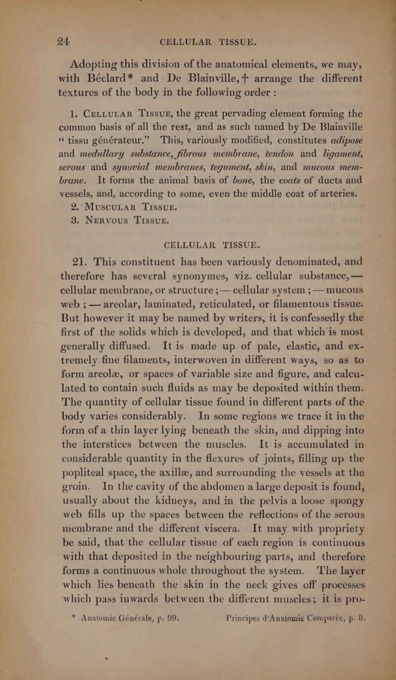 Adopting this division of the anatomical elements, we may, with Béclard* and De Blainville,+ arrange the different textures of the body in the following order : 1. CeLLuLAR TIssvuE, the great pervading element forming the common basis of all the rest, and as such named by De Blainville “ tissu générateur.” This, variously modified, constitutes adipose and medullary substance, fibrous membrane, tendon and ligament, serous and synovial membranes, tegument, skin, and mucous mem- brane. It forms the animal basis of bone, the coats of ducts and vessels, and, according to some, even the middle coat of arteries. 2. MuscuLar TIssuE. 3. Nervous TISSUE. CELLULAR TISSUE. 21. This constituent has been variously denominated, and therefore has several synonymes, viz. cellular substance, — cellular membrane, or structure ;— cellular system ;—- mucous web ; — areolar, laminated, reticulated, or filamentous tissue. But however it may be named by writers, it is confessedly the first of the solids which is developed, and that which is most generally diffused. It is made up of pale, elastic, and ex- tremely fine filaments, interwoven in different ways, so as to form areola, or spaces of variable size and figure, and calcu- lated to contain such fluids as may be deposited within them. The quantity of cellular tissue found in different parts of the body varies considerably. In some regions we trace it in the the interstices between the muscles. It is accumulated in considerable quantity in the flexures of joints, filling up the popliteal space, the axillee, and surrounding the vessels at the groin. In the cavity of the abdomen a large deposit is found, usually about the kidneys, and in the pelvis a loose spongy web fills up the spaces between the reflections of the serous membrane and the different viscera. It may with propriety be said, that the cellular tissue of each region is continuous with that deposited in the neighbouring parts, and therefore forms a continuous whole throughout the system. The layer which lies beneath the skin in the neck gives off processes which pass inwards between the different muscles; it is pro- * Anatomie Générale, p. 99. Principes d’Anatomie Comparée, p. 8.