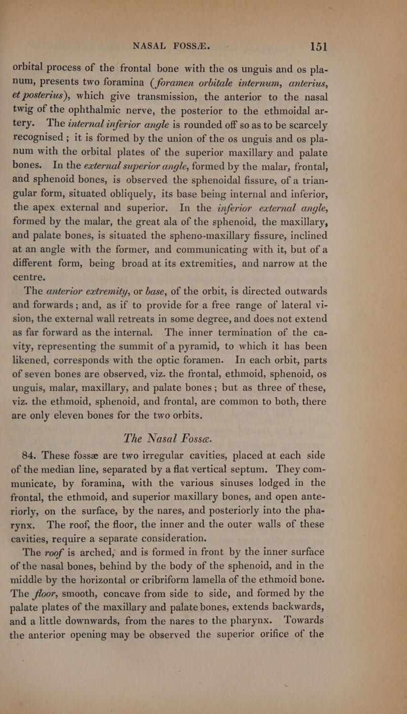 orbital process of the frontal bone with the os unguis and os pla- num, presents two foramina (foramen orbitale internum, anterius, et posterius), which give transmission, the anterior to the nasal twig of the ophthalmic nerve, the posterior to the ethmoidal ar- tery. The internal inferior angle is rounded off so as to be scarcely recognised ; it is formed by the union of the os unguis and os pla- num with the orbital plates of the superior maxillary and palate bones. In the external superior angle, formed by the malar, frontal, and sphenoid bones, is observed the sphenoidal fissure, of a trian- gular form, situated obliquely, its base being internal and inferior, the apex external and superior. In the inferior external angle, formed by the malar, the great ala of the sphenoid, the maxillary, and palate bones, is situated the spheno-maxillary fissure, inclined at an angle with the former, and communicating with it, but of a different form, being broad at its extremities, and narrow at the centre. The anterior extremity, or base, of the orbit, is directed outwards and forwards ; and, as if to provide for a free range of lateral vi- sion, the external wall retreats in some degree, and does not extend as far forward as the internal. The inner termination of the ca- vity, representing the summit of a pyramid, to which it has been likened, corresponds with the optic foramen. In each orbit, parts of seven bones are observed, viz. the frontal, ethmoid, sphenoid, os unguis, malar, maxillary, and palate bones; but as three of these, viz. the ethmoid, sphenoid, and frontal, are common to both, there are only eleven bones for the two orbits. The Nasal Fosse. 84. These fossee are two irregular cavities, placed at each side of the median line, separated by a flat vertical septum. They com- municate, by foramina, with the various sinuses lodged in the frontal, the ethmoid, and superior maxillary bones, and open ante- riorly, on the surface, by the nares, and posteriorly into the pha- rynx. The roof, the floor, the inner and the outer walls of these cavities, require a separate consideration. The roof is arched, and is formed in front by the inner surface of the nasal bones, behind by the body of the sphenoid, and in the middle by the horizontal or cribriform lamella of the ethmoid bone. The floor, smooth, concave from side to side, and formed by the palate plates of the maxillary and palate bones, extends backwards, and a little downwards, from the nares to the pharynx. Towards the anterior opening may be observed the superior orifice of the