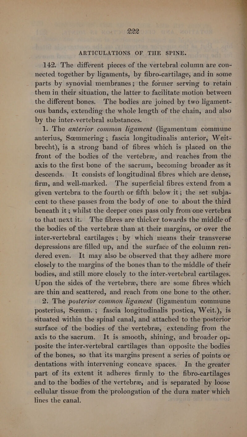 ARTICULATIONS OF THE SPINE. 142. The different pieces of the vertebral column are con- nected together by ligaments, by fibro-cartilage, and in some parts by synovial membranes; the former serving to retain them in their situation, the latter to facilitate motion between the different bones. The bodies are joined by two ligament- ous bands, extending the whole length of the chain, and also by the inter-vertebral substances. 1. The anterior common ligament (ligamentum commune anterius, Scemmering ; fascia longitudinalis anterior, Weit- brecht), is a strong band of fibres which is placed on the front of the bodies of the vertebrz, and reaches from the axis to the first bone of the sacrum, becoming broader as it descends. It consists of longitudinal fibres which are dense, firm, and well-marked. The superficial fibres extend from a given vertebra to the fourth or fifth below it; the set subja- cent to these passes from the body of one to about the third beneath it ; whilst the deeper ones pass only from one vertebra to that next it. The fibres are thicker towards the middle of the bodies of the vertebree than at their margins, or over the inter-vertebral cartilages ; by which means their transverse depressions are filled up, and the surface of the column ren- dered even. It may also be observed that they adhere more closely to the margins of the bones than to the middle of their bodies, and still more closely to the inter-vertebral cartilages. Upon the sides of the vertebrae, there are some fibres which are thin and scattered, and reach from one bone to the other. 2. The posterior common ligament (ligamentum commune posterius, Scemm.; fascia longitudinalis postica, Weit.), is situated within the spinal canal, and attached to the posterior surface of the bodies of the vertebrae, extending from the axis to the sacrum. It is smooth, shining, and broader op- posite the inter-vertebral cartilages than opposite the bodies of the bones, so that its margins present a series of points or dentations with intervening concave spaces. In the greater part of its extent it adheres firmly to the fibro-cartilages and to the bodies of the vertebrae, and is separated by loose cellular tissue from the prolongation of the dura mater which lines the canal.