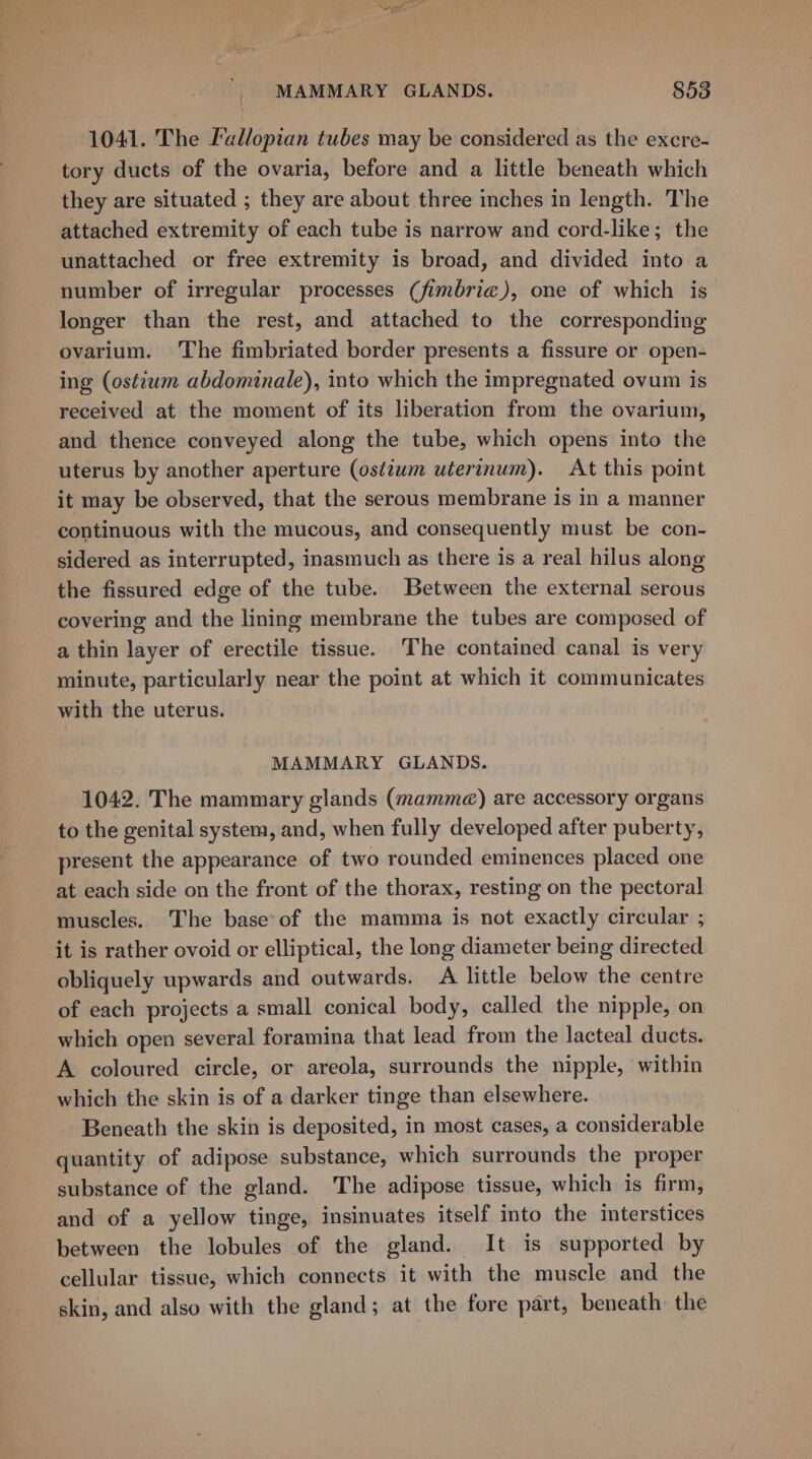 1041. The Fallopian tubes may be considered as the excre- tory ducts of the ovaria, before and a little beneath which they are situated ; they are about three inches in length. The attached extremity of each tube is narrow and cord-like; the unattached or free extremity is broad, and divided into a number of irregular processes (fimbrie), one of which is longer than the rest, and attached to the corresponding ovarium. ‘The fimbriated border presents a fissure or open- ing (ostium abdominale), into which the impregnated ovum is received at the moment of its liberation from the ovarium, and thence conveyed along the tube, which opens into the uterus by another aperture (ostzum uterinum). At this point it may be observed, that the serous membrane is in a manner continuous with the mucous, and consequently must be con- sidered as interrupted, inasmuch as there is a real hilus along the fissured edge of the tube. Between the external serous covering and the lining membrane the tubes are composed of a thin layer of erectile tissue. ‘The contained canal is very minute, particularly near the point at which it communicates with the uterus. MAMMARY GLANDS. 1042. The mammary glands (mamma) are accessory organs to the genital system, and, when fully developed after puberty, present the appearance of two rounded eminences placed one at each side on the front of the thorax, resting on the pectoral muscles. The base of the mamma is not exactly circular ; it is rather ovoid or elliptical, the long diameter being directed obliquely upwards and outwards. A little below the centre of each projects a small conical body, called the nipple, on which open several foramina that lead from the lacteal ducts. A coloured circle, or areola, surrounds the nipple, within which the skin is of a darker tinge than elsewhere. Beneath the skin is deposited, in most cases, a considerable quantity of adipose substance, which surrounds the proper substance of the gland. The adipose tissue, which is firm, and of a yellow tinge, insinuates itself into the interstices between the lobules of the gland. It is supported by cellular tissue, which connects it with the muscle and the skin, and also with the gland; at the fore part, beneath the