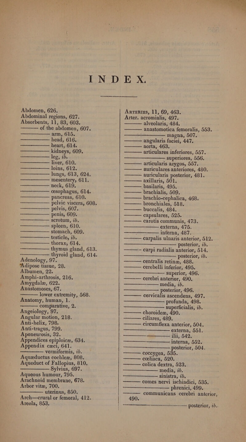 Abdomen, 626. Abdominal regions, 627. Absorbents, 11, 83, 603. of the abdomen, 607. arm, 615. head, 616. heart, 614. kidneys, 609. leg, ib. —————— liver, 610. loins, 612. lungs, 613, 624. mesentery, 611. neck, 619, cesophagus, 614. pancreas, 610. — pelvic viscera, 608. pelvis, 607. penis, 609. — scrotum, ib. spleen, 610. stomach, 609. — testicle, ib. — thorax, 614. Adenology, 97. ‘Adipose tissue, 28. Albumen, 22. Amphi-arthrosis, 216, Amygdale, 622. Anastomoses, 67. lower extremity, 568. Anatomy, human, 1. comparative, 2. Angeiology, 97. Angular motion, 218. Anti-helix, 798. Anti-tragus, 799. Aponeurosis, 32. Appendices epiploice, 634. Appendix ceci, 641. vermiformis, ib. Aquzductus cochlex, 808. Aqueduct of Fallopius, 810. ————— Sylvius, 697. Aqueous humour, 795. Arachnoid membrane, 678. Arbor vite, 700. uterinus, 850. Arch—crural or femoral, 412. Areola, 853, » Artentss, 11, 69, 463. Arter. acromialis, 497. alveolaris, 484. anastomotica femoralis, 553. magna, 507. angularis faciei, 447. aorta, 463. articulares inferiores, 557. superiores, 556. articularis azygos, 557. auriculares anteriores, 480. auricularis posterior, 481. axillaris, 501. basilaris, 495. brachialis, 509. brachio-cephalica, 468. bronchiales, 518. buccalis, 484. capsulares, 525. carotis communis, 473. externa, 475. interna, 487. carpalis ulnaris anterior, 512. ——_———_— posterior, ib. — carpi radialis anterior, 514. antes DOMETIOR) 10. centralis retinz, 488. cerebelli inferior, 495. ———_—————— superior, 496. ——— cerebri anterior, 490. media, ib. posterior, 496. cervicalis ascendens, 497. profunda, 498. superficialis, ib. choroidex, 490. ciliares, 489. circumflexa anterior, 504. externa, 551. ilii, 542. interna, 552. ————————- posterior, 504. coccygea, 535. coeliaca, 520. colica dextra, 523. media, tb. sinistra, ib. comes nervi ischiadici, 535. phrenici, 499, communicans cerebri anterior, See ery 490. ——-——— posterior, ib.