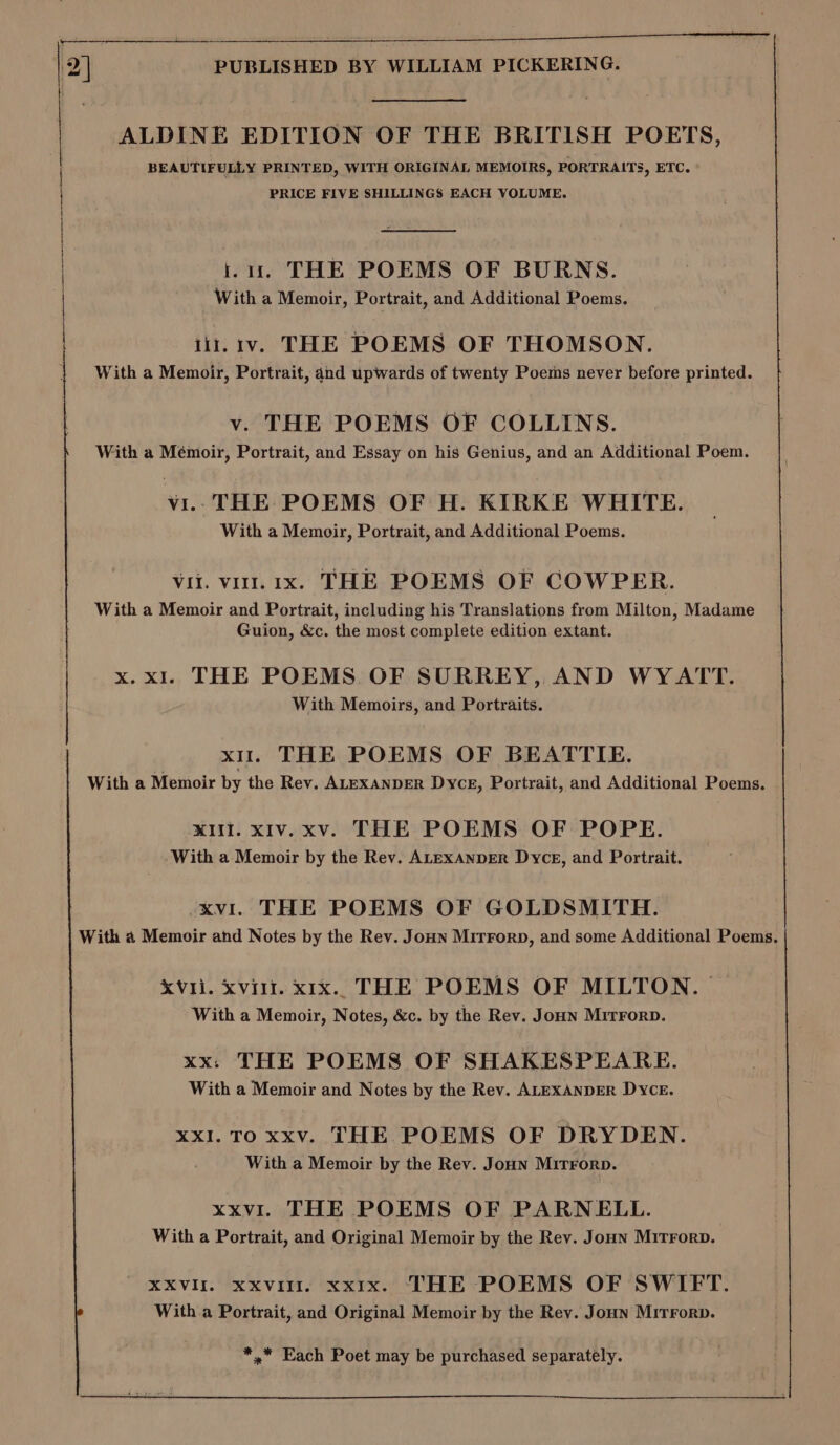 BEAUTIFULLY PRINTED, WITH ORIGINAL MEMOIRS, PORTRAITS, ETC. PRICE FIVE SHILLINGS EACH VOLUME. | ALDINE EDITION OF THE BRITISH POETS, | | i.u. THE POEMS OF BURNS. With a Memoir, Portrait, and Additional Poems. iit.iv. THE POEMS OF THOMSON. With a Memoir, Portrait, and upwards of twenty Poems never before printed. v. THE POEMS OF COLLINS. With a Mémoir, Portrait, and Essay on his Genius, and an Additional Poem. vi. THE POEMS OF H. KIRKE WHITE. With a Memoir, Portrait, and Additional Poems. Vii. vit. x. THE POEMS OF COWPER. With a Memoir and Portrait, including his Translations from Milton, Madame Guion, &amp;c. the most complete edition extant. x. xI. THE POEMS OF SURREY, AND WYATT. With Memoirs, and Portraits. xu. THE POEMS OF BEATTIE. With a Memoir by the Rev. ALEXANDER Dyce, Portrait, and Additional Poems. MII. XIV. xv. THE POEMS OF POPE. With a Memoir by the Rev. ALEXANDER Dyce, and Portrait. xvi. THE POEMS OF GOLDSMITH. With a Memoir and Notes by the Rey. Joun Mirrorp, and some Additional Poems. kVIi. xvii. x1x.. THE POEMS OF MILTON. | With a Memoir, Notes, &amp;c. by the Rev. Joun Mirror. xx. THE POEMS OF SHAKESPEARE. With a Memoir and Notes by the Rev. ALEXANDER Dyce. xxI. TO xxv. THE POEMS OF DRYDEN. With a Memoir by the Rev. Joun Mitrorp. xxvi. THE POEMS OF PARNELL. With a Portrait, and Original Memoir by the Rev. Joun Mitrorp. XXVII. xxvil1. xx1x. THE POEMS OF SWIFT. With a Portrait, and Original Memoir by the Rey. Joun Mirror. *.* Each Poet may be purchased separately.