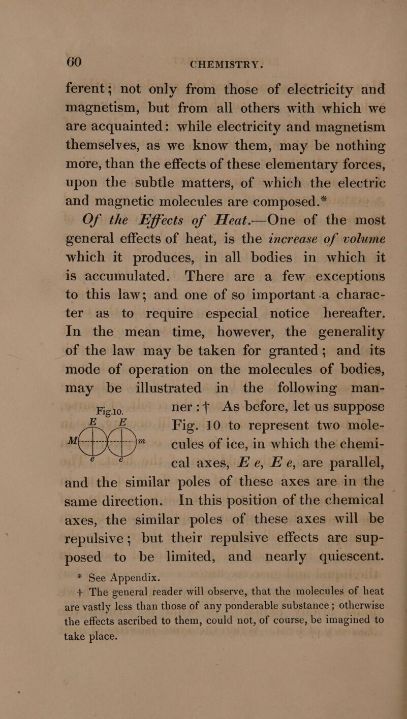 ferent; not only from those of electricity and magnetism, but from all others with which we are acquainted: while electricity and magnetism themselves, as we know them, may be nothing more, than the effects of these elementary forces, upon the subtle matters, of which the electric and magnetic molecules are composed.* Of the Effects of Heat.—One of the most general effects of heat, is the increase of volume which it produces, in all bodies in which it is accumulated. There are a few exceptions to this law; and one of so important -a charac- ter as to require especial notice hereafter. In the mean time, however, the generality of the law may be taken for granted; and its mode of operation on the molecules of bodies, may be illustrated in the following man- Fig.o. ner:}{ As before, let us suppose HaGik Fig. 10 to represent two mole- aio cules of ice, in which the chemi- Fy daa $ cal axes, Ee, Ee, are parallel, and the similar poles of these axes are in the same direction. In this position of the chemical axes, the similar poles of these axes will be repulsive; but their repulsive effects are sup- posed to be limited, and nearly quiescent. * See Appendix. + The general reader will observe, that the molecules of heat are vastly less than those of any ponderable substance ; otherwise the effects ascribed to them, could not, of course, be imagined to take place.