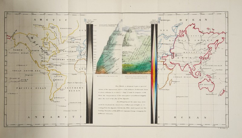 Scale AS OOO Heat and Light, Sandwich Land Sa = Antara - [ 17000 L4 OOF LG VOO L2002 1000 10000 9000 8000 7000 6000 Lowest limits of perpetual Ino on Joutn Side of Honniala, “ef abtevel of tle Seanot cer 2 AS CERWIN, buk above 735? (Ad SS Hee hotable Wines aLurope heave a 7) SURFACE of the RARTH from the EQUATOR towards the POLES, MOUNTAIN at the EQUATOR This Sheteh es designed to gwe a general trotion of the approxunale courses of the ctterent Isothermal ines or Zones alluded to in Book 2. Chap” 3 and to compare with them the temperatures of the atmosphere at adifverent heaghts above the level of the Sea atthe Equator . An attenipthas at the same hine been wrade to lustrate the Aiminution ob Heat and of Light in re - ceding trom the Equator towards the Loles and to pourt out the leading characters of the difterert organtged. beings occupying the Alkerent Climates Scale ohustensty oh Electricity aad Colour | Spitz ergen y Mergquelens Land So Phillipine it. Alon Borneo Ww HOLLAND v Van Diem ens L?@ Ra! = ee C Bradbury