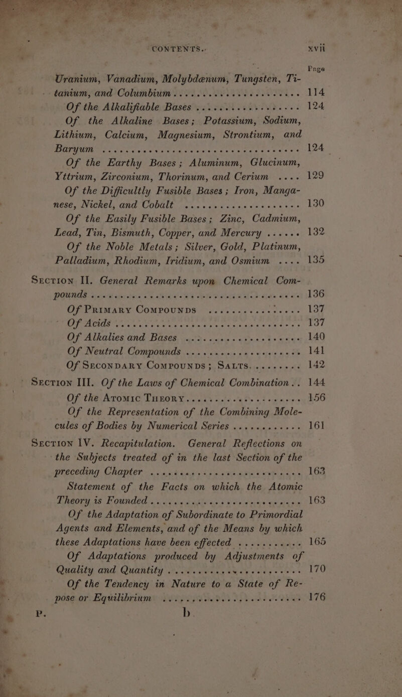 Uranium, Vanadium, Molybdenum, Tungsten, Ti- tanium; and Columbidm oor) oo Oe 6 OE ae Of the Alkalifiable Bases .......cc eee eden Of the Alkaline Bases; Potassium, Sodium, Lithium, Calcium, Magnesium, Strontium, and SPURNS TC aor yi eR Aer useaceeMce rar: yess Of the Earthy Bases; Aluminum, Glucinum, Yttrium, Zirconium, Thorinum, and Cerium Of the Difficultly Fusible Bases ; Iron, Manga- MEME IETS CNIS CODUIL. (ic m « &gt;, Ubi ede ad Sa ees wes Of the Easily Fusible Bases; Zinc, Cadmium, Lead, Tin, Bismuth, Copper, and Mercury ..... : Of the Noble Metals; Silver, Gold, Platinum, Palladium, Rhodium, Iridium, and Osmium BOONE ar ad asi eid ne a AG EHD OAH Bde aL ee OP FRimany COMPOUNDS © (0. ¢.°&lt; 25's 0s’ “eerie UUM NOE shad cake ive nade s eae 8 4 OFF ALMies Gnd Based, psd i case sabe 4 oes CLF INOUE aL COMMOUROS uo &gt; cin overs oy 6 6 isle 9 Of SECONDARY CoMPOUNDS; SALTS......... OF the ATOMIC THRORY aca) spies +t cme pes Of the Representation of the Combining Mole- cules of Bodies by Numerical Series ......+.++++: the Subjects treated of in the last Section of the preceding Chapter. «40:4 thd ss) pean Cowen Ue Statement of the Facts on which the Atomic PMOLIEES Ee OURCE CN Py fd salle’ a” | ch nee’ eee pea da Of the Adaptation of Subordinate to Primordial Agents and Elements, and of the Means by which these Adaptations have been effected ........++- Of Adaptations produced by Adjustments of Quality and Quantity ........555 ei eet ee Of the Tendency in Nature to a State of Re- pose.or Egutlibrinmy ie pe ae Wet ce ds ees 163 163 165 170