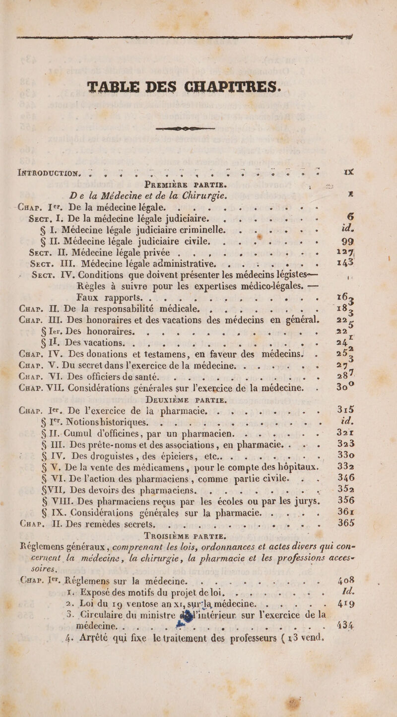 TABLE DES CHAPITRES. ROBE ROME ee Ten Ter Ra dire at A 1x PREMIÈRE PARTIE. A Fa D e la Médecine et de la Chirurgie. x -Cuar. Ier. De la médecine légale. . . . . + . . «+ « . $ecr, I; De la médecine légale judiciaire. , . . + . . + 6 $ I. Médecine légale judiciaire criminelle. . . .. + . id, $ II. Médecine légale judiciaire civile. . . . +. . . . 99 Sxcr. IT. Médecine légale privée . , , . . . .,. + + 127 Secr. III. Médecine légale administrative. . . : . . . . 143 Secr. IV. Conditions que doivent présenter les médecins légistes— LÉ Règles à suivre pour les expertises médico-légales. — Faux rapports. . . . Es numnèls aie 0,2 É0S Cuar. II. De la responsabilité médicale. rates ge + 183 Cuar. III. Des honoraires et des vacations des médecins en général. 22 Sr Desthonortires 5 27h mia den, 4 22 SIL. Des vacations. . , . . . LU ET de 0 Car, IV. Des donations et testamens, en ae des médecins. . 25% Cxar. V. Du secret dans l'exercice de 5 médecines: 5 169008 oo 27 Car. VI. Des officiers de santé. . . . . . . te 0 RO Caap. VIL Considérations générales sur l'exercice de la médecine. 30° DEUXIÈME PARTIE. Cuar. Ier. De l'exercice de la pharmacie, . . . . . . . . 315 6-1: Notionshitégiquen! finir ares oémmegeics es et 44 $ IL. Cumul d'officines, par un pharmacien. . . . . . . 321 $ II. Des prête-noms et des associations, en pharmacie. . . . 323 $ IV. Des droguistes , des épiciers, ete. . . + + + + +, 330 $ V. De la vente des médicamens, pour le compte des hôpitaux. 332 $ VI. De l’action des pharmaciens , comme partie civile. . . 346 SVIL Des devoirs des pharmaciens. , . . + . . . + 352 $ VIII. Des pharmaciens reçus par les écoles ou par les jurys. 356 $ IX. Considérations générales sur la pharmacie. . . . . 36x Cnar.oHEsDesaémedes:sétreismotasinonoainemenbraremps ce « 2969 TROISIÈME PARTIE, Réglemens généraux, comprenant les lois, ordonnances et actes divers qui con- cernent la nées la chirurgie, la pharmacie et les professions acces- soires. Caar. Ier. Réglemens sur la médecine, :. . . +. , .,..,. . 408 L:. Exposé des motifs du projet deloi. .. . . . . : . dd. 2. Loi du r9 ventose an x1,sux:la médecine. . . . . . 419 3. Circulaire du ministre intérieur sur l'exercice de la médecine... 2. : . - 45% + - Arrêté qui fixe letraitement des professeurs (15 vend. we