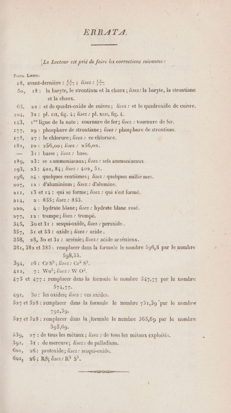 ERRATA. (Le Lecteur est prié de faire les corrections suivantes : Pacrs. Lienes. 44 18, avant-dernière : À$- ; lisez : = 50, 18: Ja baryte, le strontium et la chaux ; Ysez: la baryte, la strontiane et la chaux. 65, 22: et de quadri-oxide de cuivre; Lisez : et le quadroxide de cuivre. 104, 32: pl. zx, fig. 4; lisez : pl. xxrr, fig. 4. 143, 1° ligne de la note: cournure de fer; lisez : tournure de fer. 197, 29: phosphure de strontiane; Usez : phosphure de strontium. 198, 29: le chlorure; Üsez: ce chlorure. 182, 10: 26,00; lisez : 256,02. — ! 3r: basse ; lisez : base. 189, 23: se sammoniacaux; lisez : sels ammoniacaux. 193, 23: 40x, 84; lisez : 402, 51. 196, 24: quelques centièmes; Usez : quelques millie mes. 207, 12: d'aluminium ; #sez : d’alumine. 211, 13et14: qui se forme; dsez : qui s’est formé. a14, 2: 855; lisez: 853. 220, 4: hydrate blanc; lisez : hydrate blanc rosé, 297, 12: trempe; lisez : trempé. 345, 3oet3r : sesqui-oxide, Usez : peroxide. 357, 3ret 33: oxide ; &amp;sez: acide. 358, 28, 30 et 31 : arcéuic; lisez: acide arsénieux. 381, 382 et 383: remplacer dans la formule le nombre 596,8 par le nombre 595,55. 39%, 16: Cr S; lisez: Cr? S5. Gin: Nos ss, : W O*. 475 et 477: remplacer dans la formule le nombre 547,77 par le nombre 57477: 4gt, 30: les oxides; ses : ces oxides. 527 et 528 : remplacer dans la formule le nombre 931,39 ‘par le nombre 791,39. 527 et 528 : remplacer dans la formule le nombre 365,69 par le nombre 395,69. 539, AE de tous les métaux ; lisez : de tous les métaux exploités. 391, 31: de mercure; lisez: de palladium. Gor, vs protoxide; lisez: sesqui-oxide. 6Qr, 26: RS; dsez: R? S°. RQ er rer sentent,