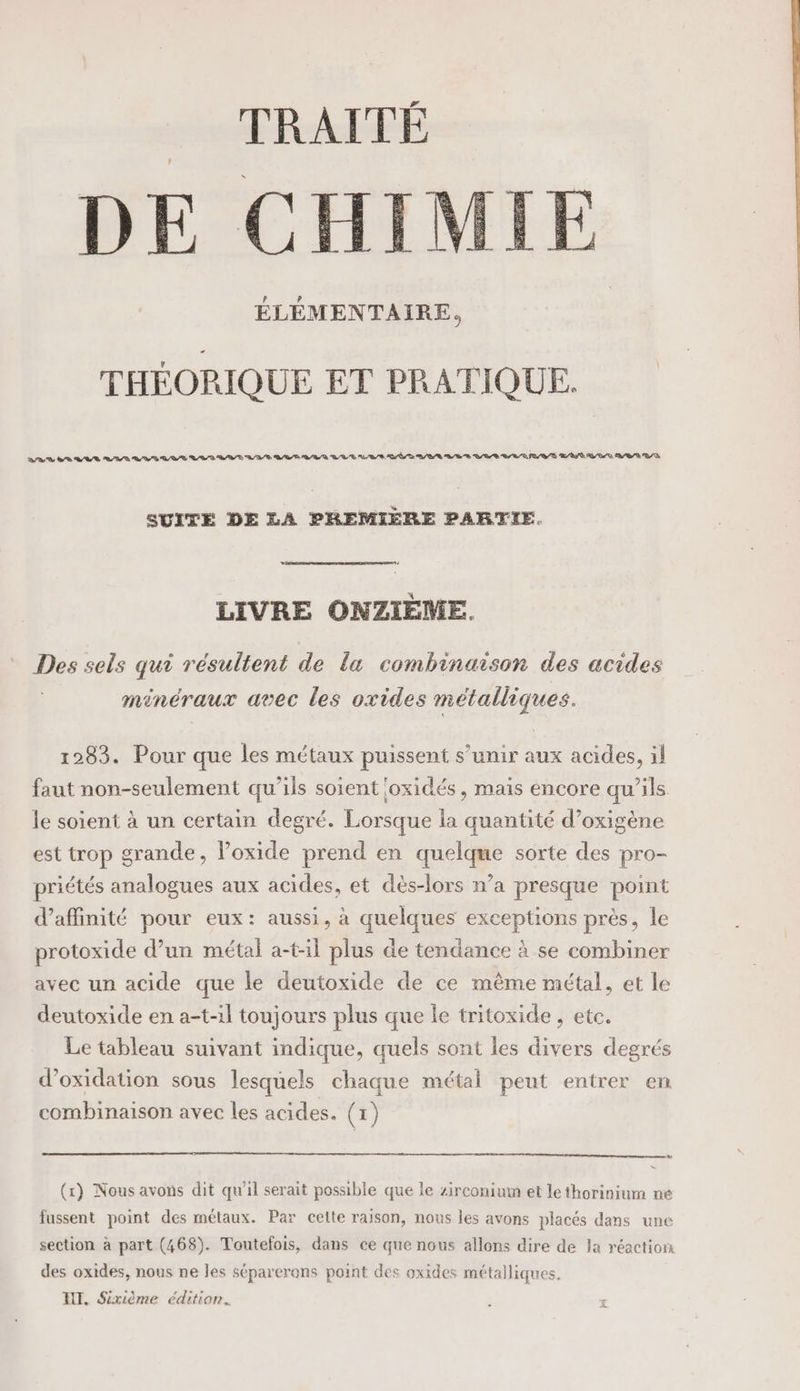 _ TRAITÉ DE CHIMIE ÉLÉMENTAIRE, THÉORIQUE ET PRATIQUE. SUITE DE LA PREMIÈRE PARTIE. LIVRE ONZIÈME. Des sels qui résultent de la combinaison des acides , minéraux avec les oxides métalliques. 1283. Pour que les métaux puissent s’unir aux acides, il faut non-seulement qu'ils soient 'oxidés, mais encore qu’ils le soient à un certain degré. Lorsque la quantité d’oxigène est trop grande, l’oxide prend en quelque sorte des pro- priétés analogues aux acides, et dès-lors n’a presque point d’affinité pour eux: aussi, à quelques exceptions près, le protoxide d’un métal a-t-il plus de tendance à se combiner avec un acide que le deutoxide de ce même métal, et le deutoxide en a-t-il toujours plus que le tritoxide , etc. Le tableau suivant indique, quels sont les divers degrés d’oxidation sous lesquels chaque métal peut entrer en combinaison avec les acides. (1) (x) Nous avons dit qu’il serait possible que le zirconium et lethorinium ne fussent point des métaux. Par celte raison, nous les avons placés dans une section à part (468). Toutefois, dans ce que nous allons dire de la réaction des oxides, nous ne les séparerans point des oxides métalliques. HT. Sixième édition.