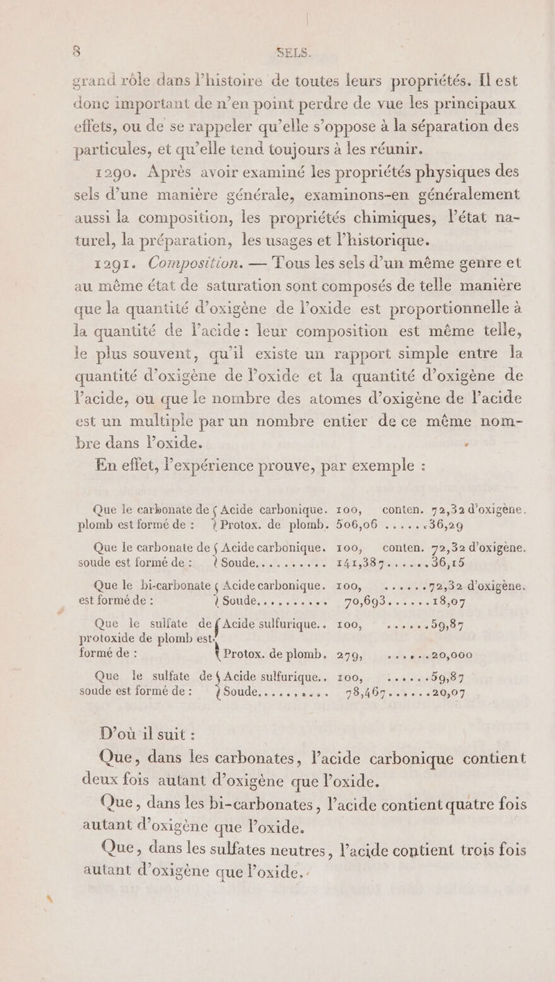 grand rôle dans l’histoire de toutes leurs propriétés. [l est donc important de n’en point perdre de vue les principaux effets, ou de se rappeler qu’elle s’oppose à la séparation des particules, et qu’elle tend toujours à les réunir. 1290. Après avoir examiné les propriétés physiques des sels d’une manière générale, examinons-en généralement aussi la composition, les propriétés chimiques, létat na- turel, la préparation, les usages et l’historique. 1291. Composition. — Tous les sels d’un même genre et au même état de saturation sont composés de telle manière que la quantité d’oxigène de l’oxide est proportionnelle à la quantité de lacide : leur composition est même telle, le plus souvent, qu’il existe un rapport simple entre Îa quantité d’oxigène de l’oxide et la quantité d’oxigène de acide, ou que le nombre des atomes d’oxigène de l'acide est un multiple par un nombre entier de ce même nom- bre dans l’oxide. ? En effet, l'expérience prouve, par exemple : Que le carbonate de j Acide carbonique. 100, conten. 72,32 d’oxigène. plomb est formé de : ? Protox. de plomb. 506,06 ..... «36,29 Que le carbonate pou carbonique. 100, conten. 72,32 d’oxigene. soude est formé de: ? Soude..... SR ee Re 5 SA RE Ci Que le bi-carbonate { Acide carbonique. 100, ......72,32 d'oxigène. est formé de : LSOUE: SL nee T0 DO ste 18,07 Que le sulfate de fAcide sulfurique. 100, ss ste 200.7 protoxide de plomb est: formé de : À Protox. deplomb. 270, : 1: 20,000 Que le sulfate de ( Acide sulfurique. 100, Eh soude est formé de : DOUCE... dora + 70400tu% 0 4007 D'où il suit : Que, dans les carbonates, lacide carbonique contient deux fois autant d’oxigène que l’oxide. Que, dans les bi-carbonates, l’acide contient quatre fois autant d’oxigène que l’oxide. Que, dans les sulfates neutres, l’acide contient trois fois autant d’oxigène que l’oxide.