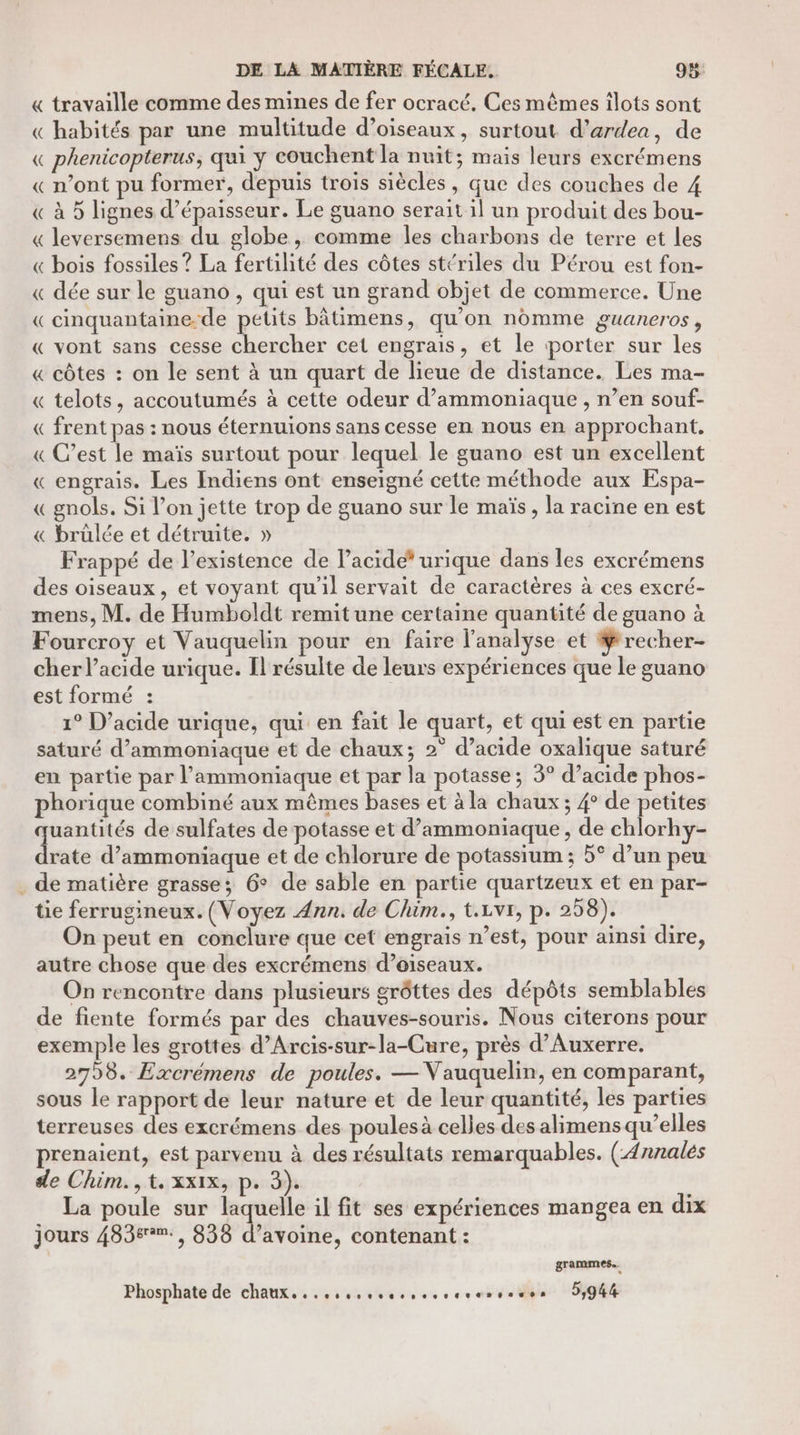 « travaille comme des mines de fer ocracé, Ces mêmes îlots sont « habités par une multitude d’oiseaux, surtout d’ardea, de « phenicopterus, qui y couchent la nuit; mais leurs excrémens « n’ont pu former, depuis trois siècles, que des couches de 4 « à 5 lignes d'épaisseur. Le guano serait il un produit des bou- « leversemens du globe, comme les charbons de terre et les « bois fossiles ? La fertilité des côtes stériles du Pérou est fon- « dée sur le guano , qui est un grand objet de commerce. Une « cinquantaine.de petits bâtimens, qu'on nomme guaneros, « vont sans cesse chercher cet engrais, et le porter sur les « côtes : on le sent à un quart de lieue de distance. Les ma- « telots, accoutumés à cette odeur d’ammoniaque , n’en souf- « frent pas : nous éternuions sans cesse en nous en approchant,. « C’est le maïs surtout pour lequel le guano est un excellent « engrais. Les Indiens ont enseigné cette méthode aux Espa- « gnols. Si l’on jette trop de guano sur le maïs, la racine en est « brülée et détruite. » Frappé de l'existence de l’acide* urique dans les excrémens des oiseaux, et voyant qu'il servait de caractères à ces excré- mens, M. de Humboldt remit une certaine quantité de guano à Fourcroy et Vauquelin pour en faire l'analyse et #recher- cher l'acide urique. Il résulte de leurs expériences que le guano est formé : 1° D’acide urique, qui en fait le quart, et qui est en partie saturé d’ammoniaque et de chaux; 2° d’acide oxalique saturé en partie par l’'ammoniaque et par la potasse; 3° d’acide phos- phorique combiné aux mêmes bases et à la chaux ; 4° de petites quantités de sulfates de potasse et d’ammoniaque , de chlorhy- drate d’ammoniaque et de chlorure de potassium ; 5° d’un peu . de matière grasse; 6° de sable en partie quartzeux et en par- tie ferrugineux. (Voyez Ann. de Chim., t.Lvr, p. 258). On peut en conelure que cet engrais n’est, pour ainsi dire, autre chose que des excrémens d'oiseaux. On rencontre dans plusieurs grôttes des dépôts semblables de fiente formés par des chauves-souris. Nous citerons pour exemple les grottes d’Arcis-sur-la-Cure, près d'Auxerre. 2758. Excrémens de poules. — Vauquelin, en comparant, sous le rapport de leur nature et de leur quantité, les parties terreuses des excrémens des poulesà celles des alimens qu’elles prenaient, est parvenu à des résultats remarquables. (-{rnalés de Chim.,t.xxix, p. 3). La poule sur laquelle il fit ses expériences mangea en dix jours 483s%%., 838 d’avoine, contenant : grammes... Phosphate de CAMES en en «ee br 5,944