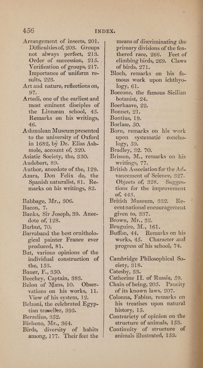 Arrangement of insects, 201. Difficulties of, 203. Groups not always perfect, 213. Order of succession, 215. Verification of groups, 217. Importance of uniform re- sults, 223. Art and nature, reflections on, 97. Artedi, one of the earliest and the Linnzan school, 45. Remarks on his writings, 26... Ashmolean Museum presented to the university of Oxford in 1682, by Dr. Elias Ash- mole, account of, 320. Asiatic Society, the, 330. Audebert, 89. Author, anecdote of the, 129. Azara, Don Felix de, the Spanish naturalist, 81. Re- marks on his writings, 82. Babbage, Mr., 306. Bacon, 7. Banks, Sir Joseph, 39. Anec- dote of, 128. Barbut, 70. Barraband the best ornitholo- gical painter France ever produced, 81. Bat, various opinions of the individual construction of the, 153. Bauer, F., 350. Beechey, Captain, 383. Belon of Mans, 10. Obser- vations on his works, 11. View of his system, 12. Belzoni, the celebrated Egyp- tian trawelber, 393. Berzelius, 352. Bicheno, Mr., 364. Birds, diversity of habits among, 177. Their feet the means of discriminating the primary divisions of the fea- thered race, 266. Feet of climbing birds, 269. Claws of birds, 271. Bloch, remarks on his fa- mous work upon ichthyo- logy, 61. Boccone, the famous Sicilian botanist, 24. Boerhaave, 22. Bonnet, 21. Bontius, 19. Borlase, 50. Born, remarks on his work upon systematic concho- logy, 59. Bradley, 32. 70. ; Brisson, M., remarks on his writings, 77. British Association for the Ad- vancement of Science, 327. Objects of, 328. Sugges- tions for the improvement of, 445. British Museum, 332. Re- cent national encouragement given to, 337. Brown, Mr., 32. Bruguire, M., 161. Buffon, 44. Remarks on his works, 45. Character and progress of his school, 74. Cambridge Philosophical So- ciety, 318. Catesby, 33. Catherine II. of Russia, 59. Chain of being, 205. Paucity of its known laws, 207. Colonna, Fabius, remarks on his treatises upon natural history, 15. Contrariety of opinion on the structure of animals, 153. Continuity of structure of animals illustrated, 153.