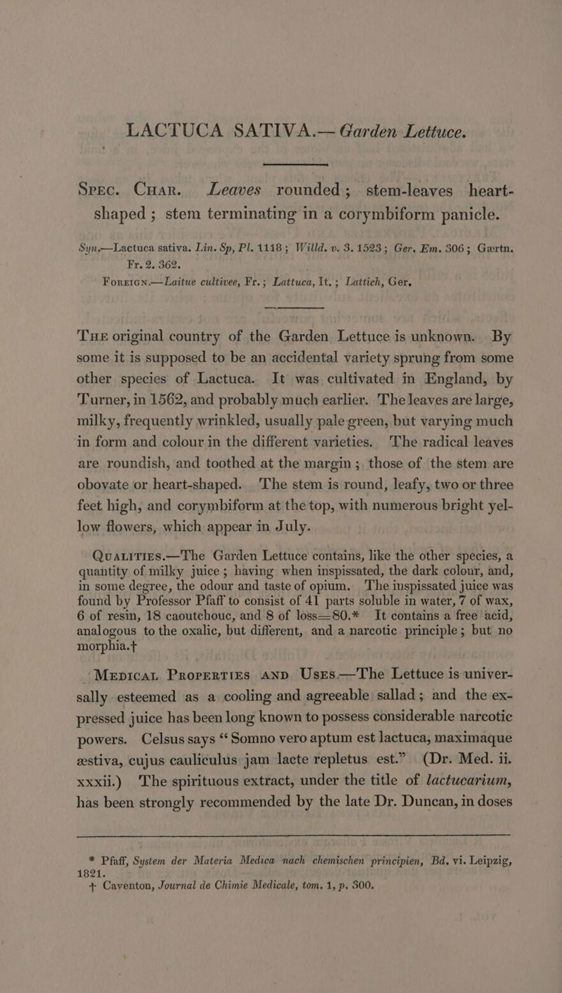 LACTUCA SATIVA.— Garden Lettuce. Spec. Cuar. Leaves rounded; stem-leaves heart- shaped ; stem terminating in a corymbiform panicle. Syn.—Lactuca sativa. Lin. Sp, Pl. 1118 ; Willd. v. 3.1523; Ger. Em. 306; Gertn. Fr. 2. 362. Foretcn.—Laitue cultivee, Fr.; Lattuca, It. ; Lattich, Ger, — THE original country of the Garden. Lettuce is unknown. By some it is supposed to be an accidental variety sprung from some other species of Lactuca. It was cultivated in England, by Turner, in 1562, and probably much earlier. The leaves are large, milky, frequently wrinkled, usually pale green, but varying much in form and colour in the different varieties. The radical leaves are roundish, and toothed at the margin ;, those of the stem are obovate or heart-shaped. The stem is round, leafy, two or three feet high, and corymbiform at the top, with numerous bright yel- low flowers, which appear in July. Quaities.—The Garden Lettuce contains, like the other species, a quantity of milky juice ; having when inspissated, the dark colour, and, in some degree, the odour and taste of opium. The inspissated juice was found by Professor Pfaff to consist of 41 parts soluble in water, 7 of wax, 6 of resin, 18 caoutchouc, and 8 of loss—80.* It contains a free acid, analogous to the oxalic, but different, and a narcotic principle; but no morphia.t Mepicat Prorertigs and Usres—The Lettuce is univer- sally esteemed as a cooling and agreeable sallad; and the ex- pressed juice has been long known to possess considerable narcotic powers. Celsus says ‘ Somno vero aptum est lactuca, maximaque eestiva, cujus cauliculus jam lacte repletus est.” (Dr. Med. ii. xxxiil.) The spirituous extract, under the title of lactucarium, has been strongly recommended by the late Dr. Duncan, in doses * Pfaff, System der Materia Medica nach chemischen principien, Bd. vi. Leipzig, 1821.