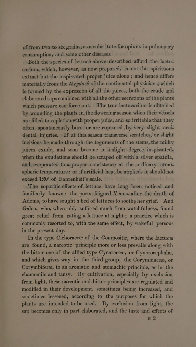 of from two to six grains, as.a substitute for opium, in. pulmonary consumption, and some other diseases. Both the species of lettuce above: described afford the. lactu- carium, which, however, as now prepared, is not the spirituous extract but the inspissated proper juice alone ; and hence differs materially from the ¢thrydacé of the continental physicians, which is formed by the expression of all the juices, both the crude and elaborated saps combined with all the other secretions of the plants which pressure can force out. ‘The true lactucarium is obtained by wounding the plants in, the flowering season when their vessels are filled to repletion, with proper juice, and so irritable that they often. spontaneously burst or are ruptured , by very slight acci- dental injuries. _ If at this.season transverse scratches, or slight incisions be made through the teguments of the stems, the milky juices exude, and soon become ina slight degree inspissated, when the exudations should be scraped off with a silver spatula, and evaporated to a proper consistence at the ordinary atmo- spheric temperature ; or if artificial heat. be Brplicts it, should not exceed 120° of Fahrenheit’s scale. _ The soporific effects of lettuce have long been noticed. and familiarly known: the poets feigned. Venus, after the death of Adonis, to have sought a bed of lettuces to soothe her grief. And Galen, who, when old, suffered much from watchfulness, found ereat relief from eating a lettuce at night ; a practice which is commonly resorted to, with the same effect, by wakeful persons in the present day. In the type Cichoraceze of the Compositee, where the lactuce are found, a narcotic principle more or less prevails along with the bitter one of the allied type Cynaraceze, or Cynarocephale, and which gives way in the third group, the Corymbiacez, or Corymbiferze, to an aromatic and stomachic principle, as in the chamomile and tansy. By cultivation, especially by exclusion from light, these narcotic and bitter principles are regulated and modified in their development, sometimes being increased, and sometimes lessened, according to the purposes for which the plants are intended to be used. By exclusion from light, the sap becomes only in part elaborated, and the taste and effects of