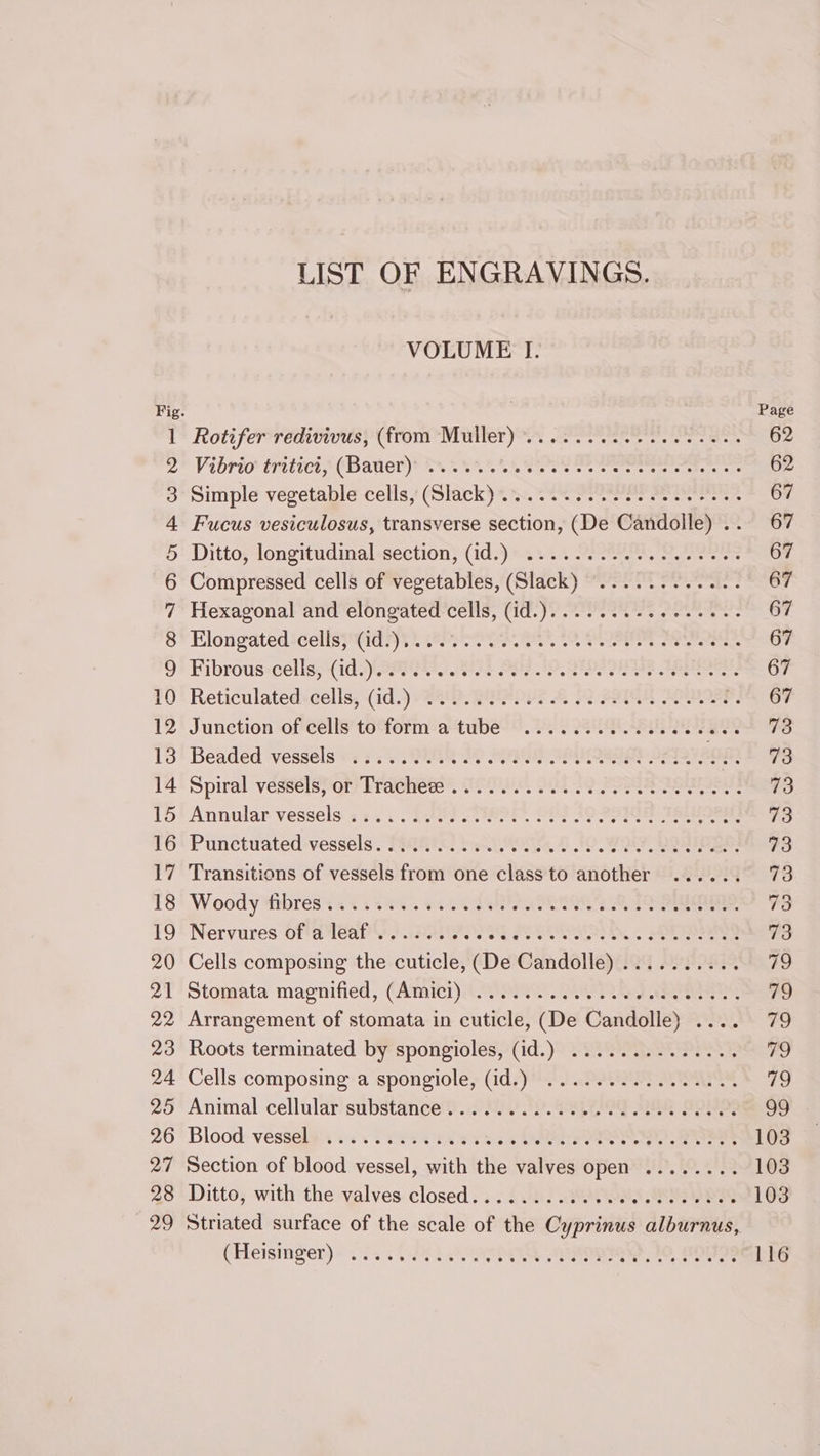 =| Wow oeveorNtnaAnhwWNOeE KY on a | LIST OF ENGRAVINGS. VOLUME I. Page Roti ferredisivusy Cfronr Maller) ok eee reas. 62 Vibrio tritici CBater)® Os £868 8, See Se eee cece = 62 Simple vegetable cells, (Slack)... 22. Sots Pore. 67 Fucus vesiculosus, transverse section, (De Candolle) ... 67 Ditto; longitudinal «section (id.) 2.122 PRU Se Bon 67 Compressed cells of vegetables, (Slack) ............ 67 Hexagonal and elongated cells, (id.).......-.++-00-- 67 Elongated: dellspgianyy® Ppl. 2 PR aS. 67 Fibrous-célls; (id mrt Gt SEL IO, SIS IED? TBBIOEN: 67 Reticulated:cells, (id.) SU 2.RUPOUs A 2 22IGE MOU OP RS OF Junetion of cells toform-a tube?! . PY BRAD Eae 73 Beaded ‘vessels = os 5 QUt8 20 POPUP SUI QARAY SEISY: epi 99 Spiral vessels Por) Trachese®. (00S. Ot 2 Fase? 73 Annular vessels 23.1 2.28) STISSP. OPE SO 29TE ASies) 73 Punctuated vessels. T9405. bes, 6 IO. WO ROR ISS! 73 Transitions of vessels from one class to another ...... 73 Woody “trbres 24% 1 24. 45 SN ee A ees 73 Nervures Of AWeap\') DAO Ig PU. . SENG 73 Cells composing the cuticle, (De Candolle) .......... 79 Stomata magnified, (Amici). 2700. PVT aaa 79 Arrangement of stomata in cuticle, (De Candolle) .... 79 Roots terminated by spongioles, (id.) .......-...... 79 Cells composing a spongiole, (id.) ................ 7g Animal cellular) substance. 22) 0).19. 95.0 MER SBN: re Blood: vesseles iss. ove Seses os a EIR, Paes 103 Section of blood vessel, with the valves open ........ 103 Ditto, with the valves closed... ........ cece cee cece 103 Striated surface of the scale of the Cyprinus alburnus, (Heisinger)~ . 2. fy Laveppnt) noe) bo aOugs 116