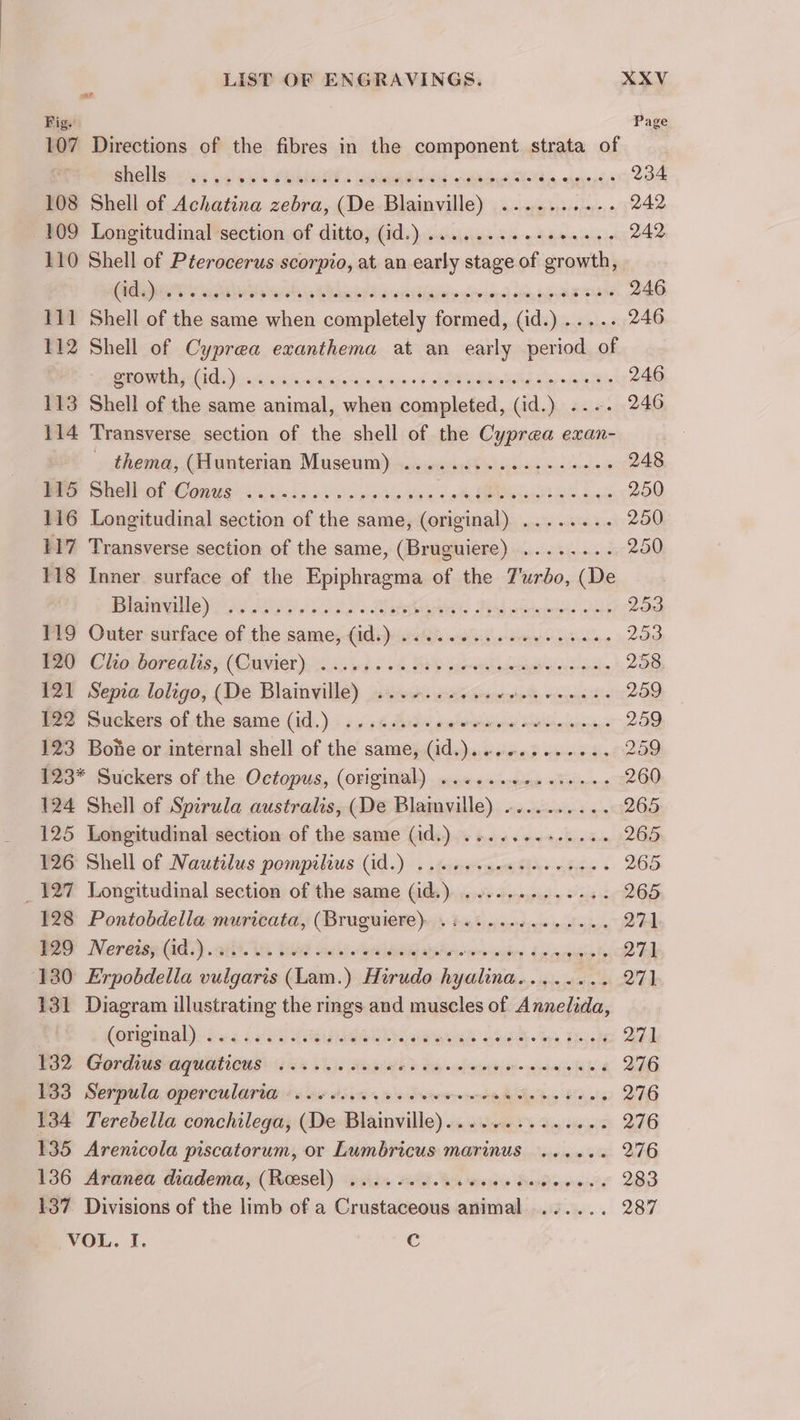 Fig. Page 107 Directions of the fibres in the component strata of SMS es 9.4 hw PERE: RAE wine Mids ares 234 108 Shell of Achatina zebra, (De Blainville) .......... 242 109 Longitudinal section of ditto, (id.) 6.1.2... eee ee ees 242 110 Shell of Péerocerus scorpio, at an early stage of growth, ate Ts els eee iy dace dd ert diaedy weviers] oom, na TM 246 111 Shell of the same when completely formed, (id.)..... 246 112 Shell of Cyprea exanthema at an early period of | PROMI aries aeicernnn inert TEES ee 246 113 Shell of the same animal, when completed, (id.) .... 246 114 Transverse section of the shell of the Cyprea exan- _ thema, (Hunterian Museum) «2.66 neds eee ee eee 248 re Sllnek Conus ik sed sap degen doe eae ks 250 116 Longitudinal section of the same, (original) ........ 250 117 Transverse section of the same, (Bruguiere) ........ 250 118 Inner surface of the Epiphragma of the T'urbo, (De Blapralley MPs Loy se EAA Fad sere ots 253 Fey QOuter-surface of the same;Gidi vise odie ares odie 253 mmr Chearhare lis, (CMM er ie 3 ois} oo 6 BAY sgerentisergtoieys-seals 258 121 Sepia loligo, (De Blainville) ...-...... deol tth daici aceite 259 122 Suckers of the same (id.) . nS) a saloon librivinat Soar ona 259 123 Boje or internal shell of the’ s same, a o Warmed! ctintense Si 259 123* Suckers of the Octopus, (original) ...........+--- 260 124 Shell of Spirula australis, (De Blamville) .......... 265 125 Longitudinal section of the same (id.) .......+-.... 265 #26 Shell of Nautilus pompilius id.) . .mjewwgen Fine odes 265 _ 127 Longitudinal section of the same (id.) .0....6..064. 265 128 Pontobdella muricata, (Bruguiere). .:...... Bee iy 2 pays Bio NereispiGds) 2 Wee eal ended asinicaeidey le aawiols 27) 130 Erpobdella vulgaris (Lam.) Hirudo rite, yo dbhe ihe feat oe Ok 131 Diagram illustrating the rings and muscles of Annelida, forigival)- ie &lt; wes URUEE es ee niet. te, Haak py BI 132 Gordius aquaticus ........6. ee ee Poni heaeo i E4 276 133 Serpula. opercularia: «00 tives ss bowews riphiiethis Hain 2G 134 Terebella conchilega, (De Blainville)..... Ey Dig Heels 276 135 Arenicola piscatorum, or Lumbricus marinus ...... 276 136 Aranea diadema, (Reesel) ......... 0000. Fran lhsyipecnielts 283 137 Divisions of the limb of a Crustaceous animal ...... 287