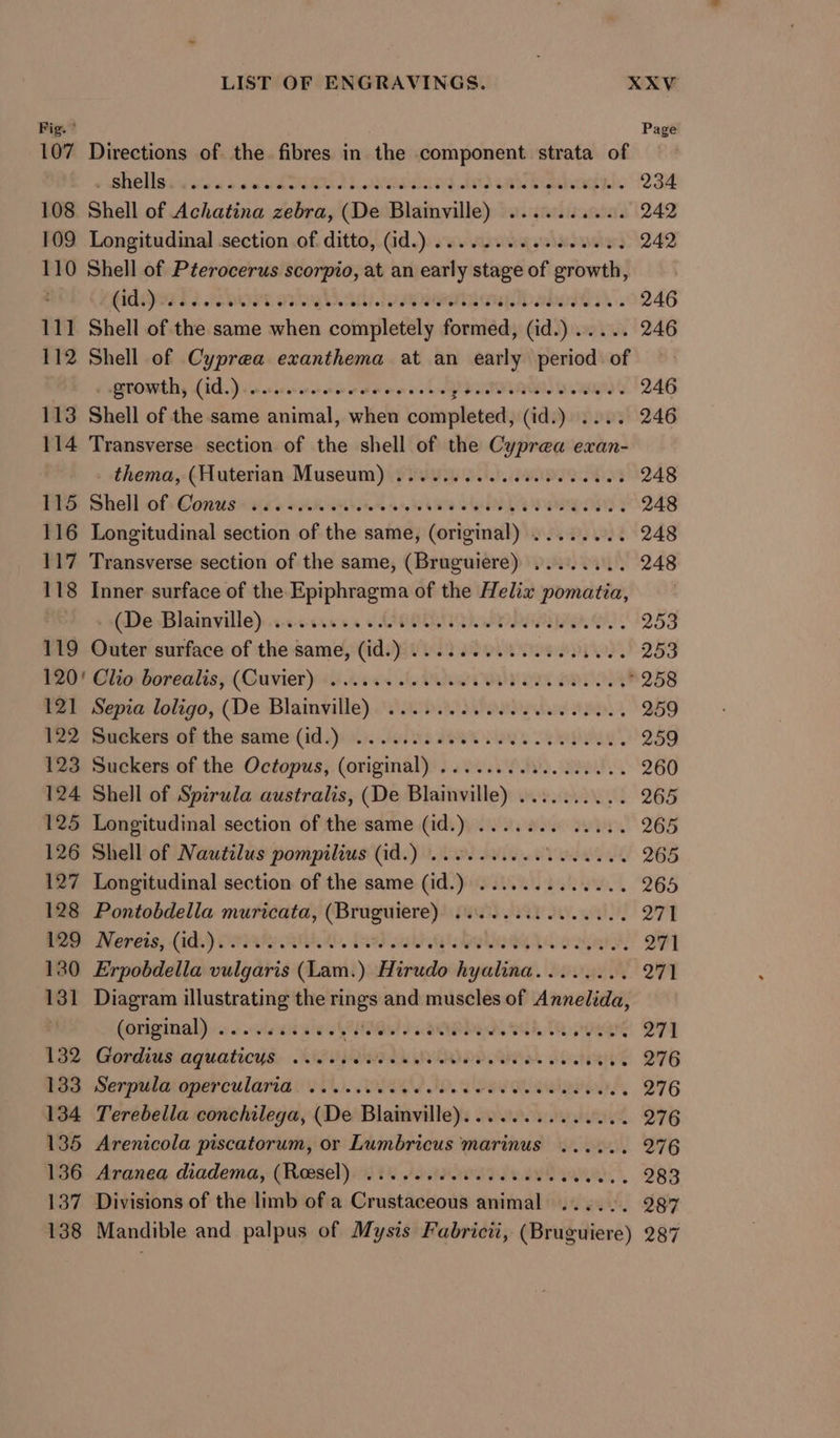 Fig. * Page 107 Directions of the fibres in. the component strata of ) She sa wees oe Sal aaa nt de aed. 234 108. Shell of Achatina zebra, (De Blainville) .......... 242 109 Longitudinal section of ditto, (id.) ........ 000.000, 242 110 Shell of Pterocerus scorpio, at an early stage of growth, GH9s si Keone ory ad) iuapwatdoupibaboww. 246 111 Shell of the same when completely formed, (id.)..... 246 112 Shell of Cyprea exanthema at an early period of 4 ofCOW Hy (ED.D) Ko a6 racer os cede we ec er oe ep OTIS WING 246 113 Shell of the same animal, when completed, (id. hung 246 114 Transverse section of the shell of the Cyprea exan- thema, (Huterian Museum) .......... 00.00.0008 248 PS Shell of: Conws vss AW ANA 6 WR INTENT ONY 3 248 116 Longitudinal section of the same, (original) ........ 248 117 Transverse section of the same, (Bruguiere) ........ 248 118 Inner surface of the Epiphragma of the Helix pomatia, «(De Blaanville)..v-0-s-000 65 i ORO een GS, 253 119 Outer surface of the same, (id.) ...... 0... ee eee 259 P20! Clio borealis, (Guvier) is was LeU WENO HOV * 258 t2b Sepia: loligo, (De Blainville). ov Moo OL smn 4 259 tz2 Suckers\of the:same (id i»). ho ne MRR Sees 2 NY 259 123 Suckers of the Octopus, (original) ................. 260 124 Shell of Spirula australis, (De Blainville) .......... 265 125 Longitudinal section of the same (id.) ....... 0.2... 265 126 Shell of Nautilus pompilius (id.) ........-. Viera, 265 127 Longitudinal section of the same (id.) ............. 265 128 Pontobdella muricata, (Bruguiere) ............... 271 IRD Noreis, (ids) Sere QI. 8) ah ORL eer: 271 130 Erpobdella vulgaris (Lam. ) Hirudo hyalina........ 271 131 Diagram illustrating the rings and muscles of Annelida, (original) a: vcledd se LUM PL eRe he as 271 132 Gordius aquaticus ....... PAAR OOOO RM AP MANS 276 133 Serpula opercularia. .....00e ee eee aU WB bA, 276 134 Terebella conchilega, (De Blainville) Ba rr CALE 276 135 Arenicola piscatorum, or Lumbricus marinus ...... 276 136 Aranea diadema, (Roesel) ...... 0.0 c cece eee ee 283 137 Divisions of the limb of a Crustaceous animal ...... 287 138 Mandible and palpus of Mysis Fabricii, (Bruguiere) 287