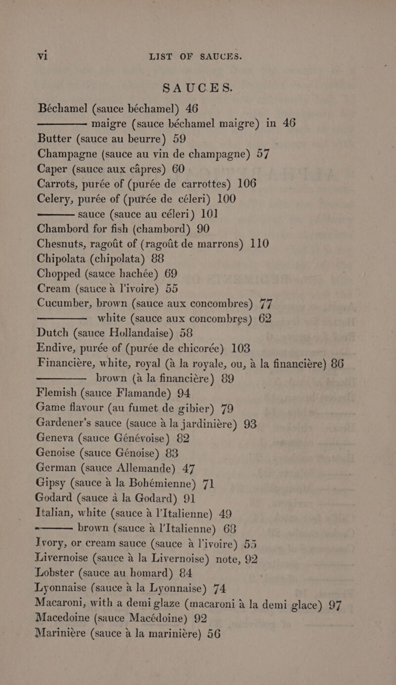 SAUCES. Béchamel (sauce béchamel) 46 maigre (sauce béchamel maigre) in 46 Butter (sauce au beurre) 59 Champagne (sauce au vin de champagne) 57 Caper (sauce aux capres) 60 Carrots, purée of (purée de carrottes) 106 Celery, purée of (purée de céleri) 100 sauce (sauce au céleri) 10] Chambord for fish (chambord) 90 Chesnuts, ragott of (ragotit de marrons) 110 Chipolata (chipolata) 88 Chopped (sauce hachée) 69 Cream (sauce a livoire) 55 Cucumber, brown (sauce aux concombres) 77 white (sauce aux concombres) 62 Dutch (sauce Hollandaise) 58 Endive, purée of (purée de chicorée) 103 Financiere, white, royal (a la royale, ou, &amp; la financiére) 86 ————_ brown (2 la financiére) 89 Flemish (sauce Flamande) 94 Game flavour (au fumet de gibier) 7 Gardener’s sauce (sauce a la jardiniér i 93 Geneva (sauce Génévoise) 82 Genoise (sauce Génoise) 83 German (sauce Allemande) 47 Gipsy (sauce a la Bohémienne) 71 Godard (sauce a la Godard) 91 Italian, white (sauce a l’Italienne) 49 brown (sauce a l’Italienne) 68 Ivory, or cream sauce (sauce a l’ivoire) 55 Livernoise (sauce a la Livernoise) note, 92 Lobster (sauce au homard) 84 Lyonnaise (sauce a la Lyonnaise) 74 Macaroni, with a demi glaze (macaroni &amp; la demi glace) 97 Macedoine (sauce Macédoine) 92 Mariniere (sauce a la mariniére) 56