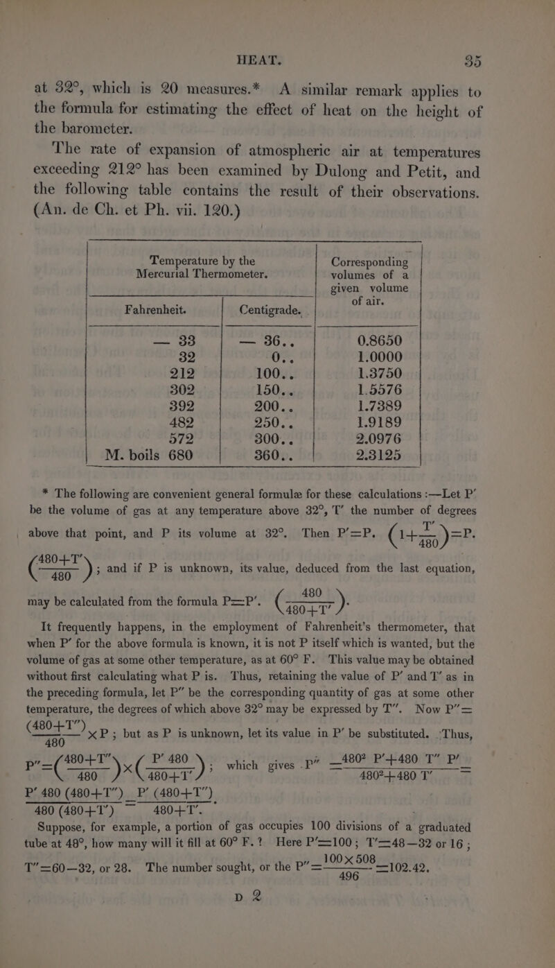 at 32°, which is 20 measures.* A similar remark applies to the formula for estimating the effect of heat on the height of the barometer. The rate of expansion of atmospheric air at temperatures exceeding 212° has been examined by Dulong and Petit, and the following table contains the result of their observations. (An. de Ch. et Ph. vii. 120.) Temperature by the Corresponding Mercurial Thermometer. volumes of a given volume Fahrenheit. Centigrade. . saflon — 33 — 36.. 0.8650 32 0.. 1.0000 212 100.. 1.3750 302 150.. 1.5576 392 200.. 1.7389 482 250.. 1.9189 072 300.. 2.0976 M. boils 680 360. 2.3125 | * The following are convenient general formule for these calculations :—Let P’ be the volume of gas at any temperature above 32°, T’ the number of degrees _ above that point, and P its volume at 32°. Then P’=P. C45, =i 480+T’ , i ; pose ; and if P is unknown, its value, deduced from the last. equation, bry bevenleulaied Fowl Me rails PA-poe ae ) ay be calculate Ha e for i i0n7 ) It frequently happens, in the employment of Fahrenheit’s thermometer, that when P” for the above formula is known, it is not P itself which is wanted, but the volume of gas at some other temperature, as at 60° F. This value may be obtained without first calculating what P is. Thus, retaining the value of P’ and T’ as in the preceding formula, let P” be the corresponding g quantity of gas at some other temperature, the degrees of which above 32° may be expressed by T”’. Now P’= See ) xP; but as P is unknown, let its value in P’ be substituted. -Thus, ha ’ : 2 &gt; Fr pr=() (oor = ; which gives .P” 480 Bi 48007) Pw 480 480-1 480?+480 T’ P’ 480 (480+1) _P’ (480+T) 480 (48041) — 480+T. Suppose, for example, a portion of gas occupies 100 divisions of a Y cadbnia tube at 48°, how many will it fill at 60° F.?. Here P’=100; T’=48—32 or 16; ‘ » 100 50 T” =60—32, or 28. The number sought, or the P”’= ~~ “ —102.42, Di 2