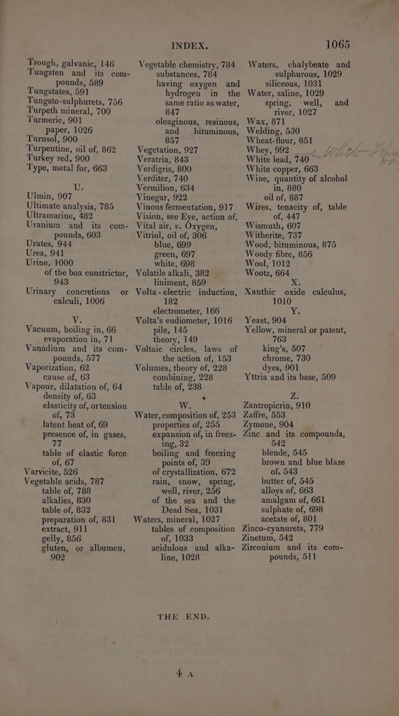 Trough, galvanic, 146 Tungsten and its com- pounds, 589 Tungstates, 591 Tungsto-sulphurets, 756 Turpeth mineral, 700 Turmeric, 901 paper, 1026 Turnsol, 900 Turpentine, oil of, 862 Turkey red, 900 Type, metal for, 663 INDEX. substances, 784 having oxygen and hydrogen in the same ratio as water, 847 oleaginous, resinous, and __ bituminous, 857 Verditer, 740 U Vermilion, 634 Ulmin, 907 Vinegar, 922 Ultimate analysis, 785 Vinous fermentation, 917 Ultramarine, 482 Vision, see Eye, action of, Uranium and its com- Vital air, v. Oxygen, pounds, 603 Vitriol, oil of, 306 Urates, 944 blue, 699 Urea, 941 green, 697 Urine, 1000 white, 698 of the boa constrictor, Volatile alkali, 382 943 liniment, 859 Urinary concretions or Volta-electric induction, calculi, 1006 1. Vacuum, boiling in, 66 evaporation in, 71 electrometer, 166 pile, 145 theory, 149 pounds, 577 Vaporization, 62 cause of, 63 Vapour, dilatation of, 64 ' density of, 63 elasticity of, ortension of, 73 latent heat of, 69 presence of, in gases, 17 table of elastic force of, 67 Varvicite, 526 Vegetable acids, 787 table of, 788 alkalies, 830 table of, 832 preparation of, 831 extract, 911 gelly, 856 gluten, or albumen, 902 the action of, 153 combining, 228 table of, 238 WwW * properties of, 255 expansion of, in freez- ing, 32 boiling and freezing points of, 39 of crystallization, 672 rain, show, spring, well, river, 256 of the sea and the Dead Sea, 1031 tables of composition of, 1033 acidulous and alka- line, 1028 THE END. 1065 Waters, chalybeate and sulphurous, 1029 siliceous, 1031 Water, saline, 1029 spring, well, and river, 1027 Wax, 871 Welding, 530 Wheat-flour, 851 Whey, 992 17 JWZF White lead, 740 ~~ White copper, 663 Wine, quantity of alcohol in, 880 oil of, 887 Wires, tenacity of, table of, 447 Wismuth, 607 Witherite, 737 Wood, bituminous, 875 Woody fibre, 856 Wool, 1012 Wootz, 664 Xanthic eke calculus, 1010 Yeast, 904 Yellow, mineral or patent, king’s, 507 chrome, 730 dyes, 901 Yttria and its base, 509 Zantropicrin, 910 Zaffre, 553 Zymone, 904 Zinc and its compounds, blende, 545 brown and blue blaze of, 543 butter of, 545 alloys of, 663 amalgam of, 661 sulphate of, 698 acetate of, 801 Zinco-cyanurets, 779 Zinetum, 542 Zirconium and its com- pounds, 511