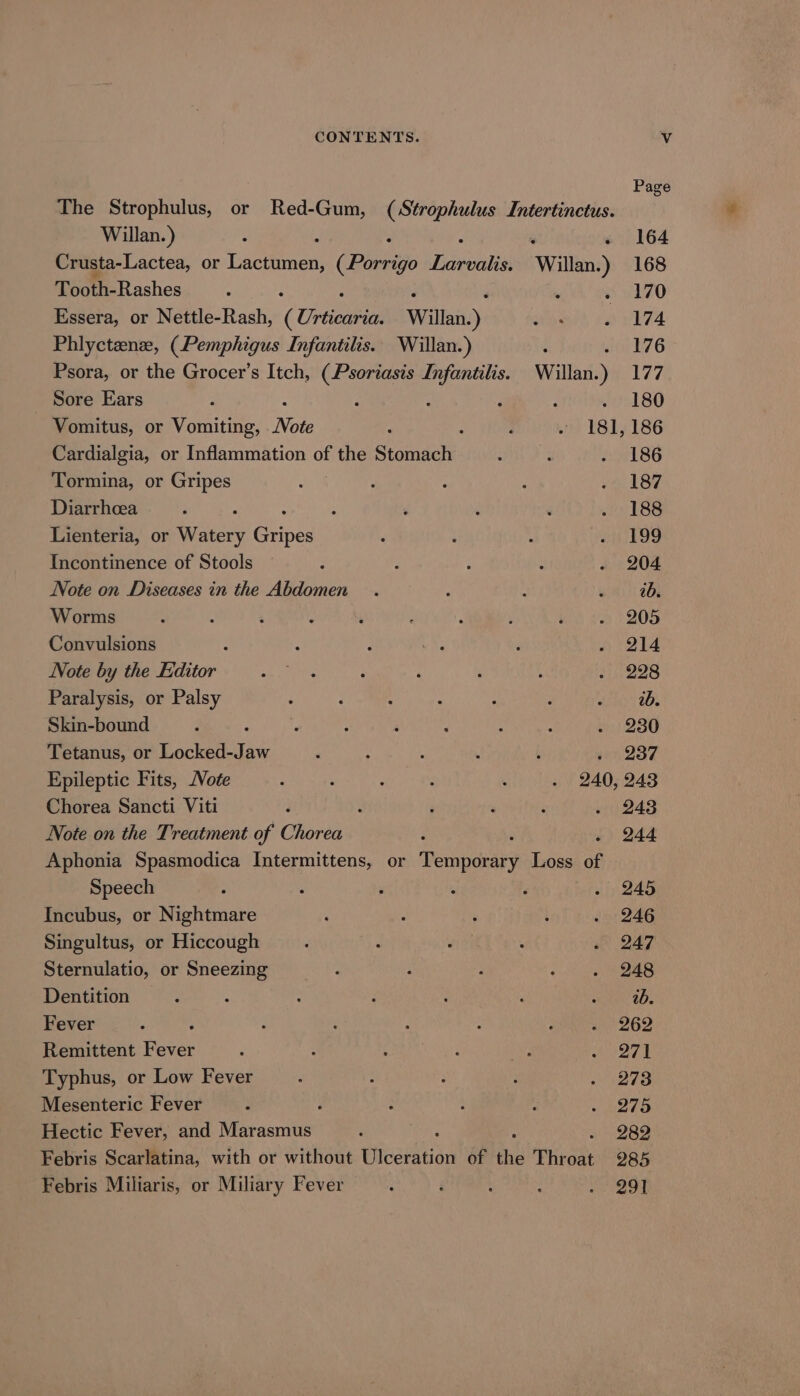 Page The Strophulus, or Red-Gum, (Strophulus Intertinctus. Willan.) : : : ‘ . 164 Crusta-Lactea, or Lactumen, (Porrigo ecient Willan.) 168 Tooth-Rashes : : : « 170 Essera, or Nettle-Rash, ( Urticaria. Willan.) er a VEF4 Phlycteenz, (Pemphigus Infantilis. Willan.) : . 176 Psora, or the Grocer’s Itch, (Psoriasis Infantilis. Willan.) 177 Sore Ears : ? ; 180 Vomitus, or Vomiting, NOR ; 181, 186 Cardialgia, or Inflammation of the Stomach : ‘ - 186 Tormina, or Gripes 187 Diarrhoea 188 Lienteria, or Watery etipe: ¥oS Incontinence of Stools : 204 Note on Diseases in the Abdomen. : ; webs Worms 205 Convulsions 214 Note by the Editor 228 Paralysis, or Palsy ab. Skin-bound 230 Tetanus, or Locked-Jaw 0 2ST Epileptic Fits, /Vote 240, 243 Chorea Sancti Viti : ‘ 243 Note on the Treatment of Chorea ‘ . 244 Aphonia Spasmodica Intermittens, or Pennpaeays Loss of Speech 245 Incubus, or Nightmare 246 Singultus, or Hiccough 247 Sternulatio, or Sneezing 248 Dentition ab. Fever ; 262 Remittent Fever 271 Typhus, or Low Fever 273 275 Mesenteric Fever i Hectic Fever, and Marasmus : . 289 Febris Scarlatina, with or without Cicetion of the Throat 285 Febris Miliaris, or Miliary Fever : ; : : i @9]